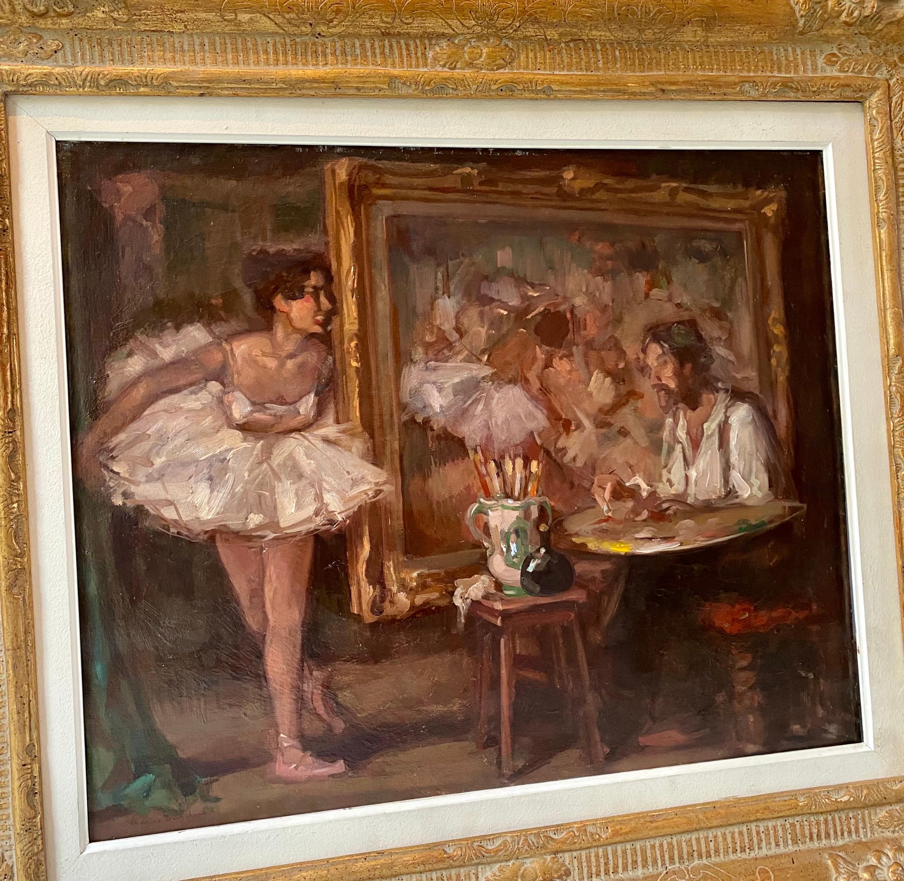 L'atelier - Huile impressionniste - Portrait d'un artiste de ballerine - vers 1950 - Impressionnisme Painting par Charles Bisschops 