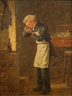 « The Doubtful Bill » Charles Blauvelt, peinture de genre du 19ème siècle d'intérieur de billets de banque