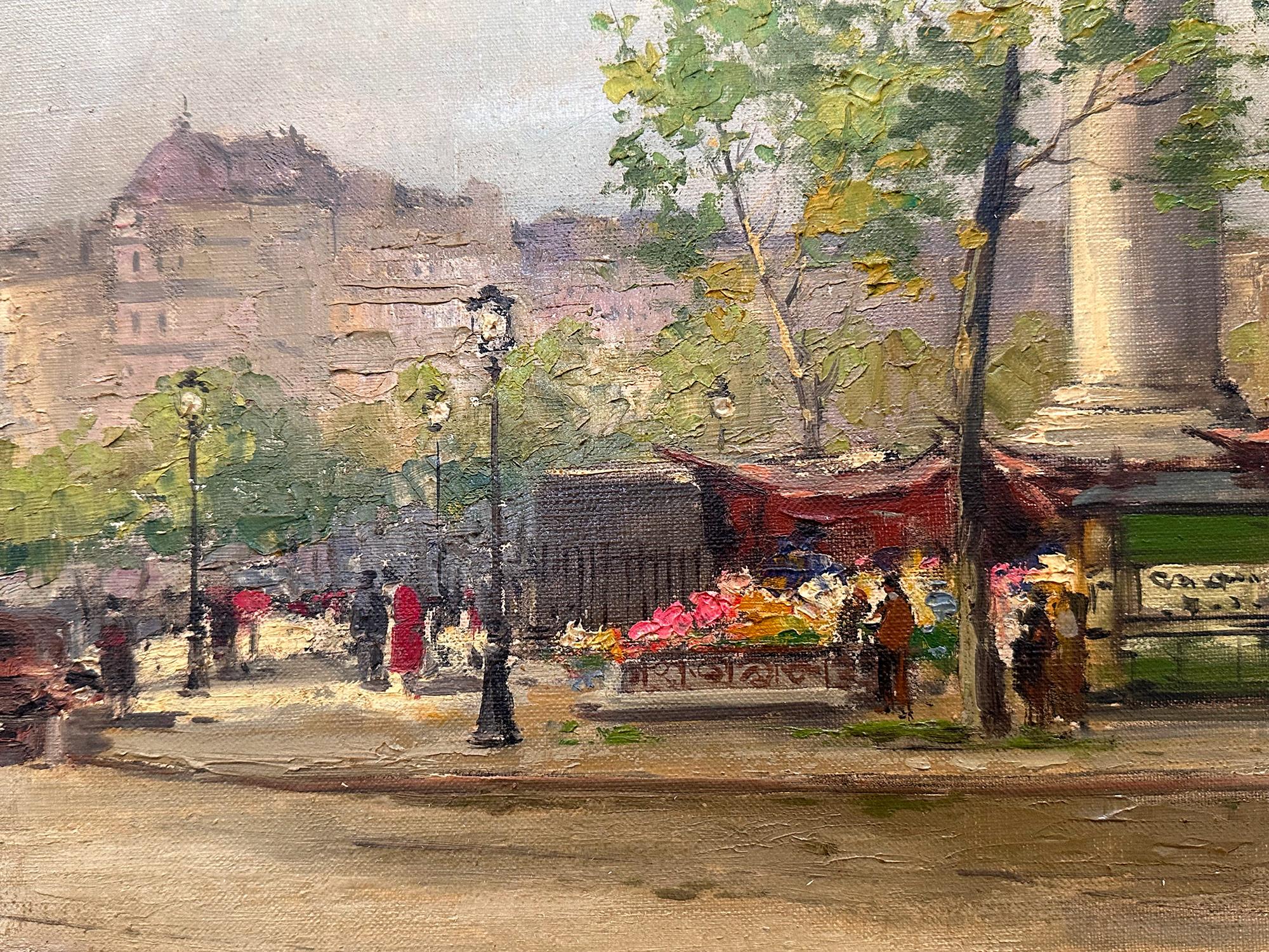 A stunning oil painting scene depicting figures by a flower market next to La Madeleine in Paris done in the 20th Century. The colors and impressionistic brushwork is done with both detail and precision. The flower vendors are depicted on a