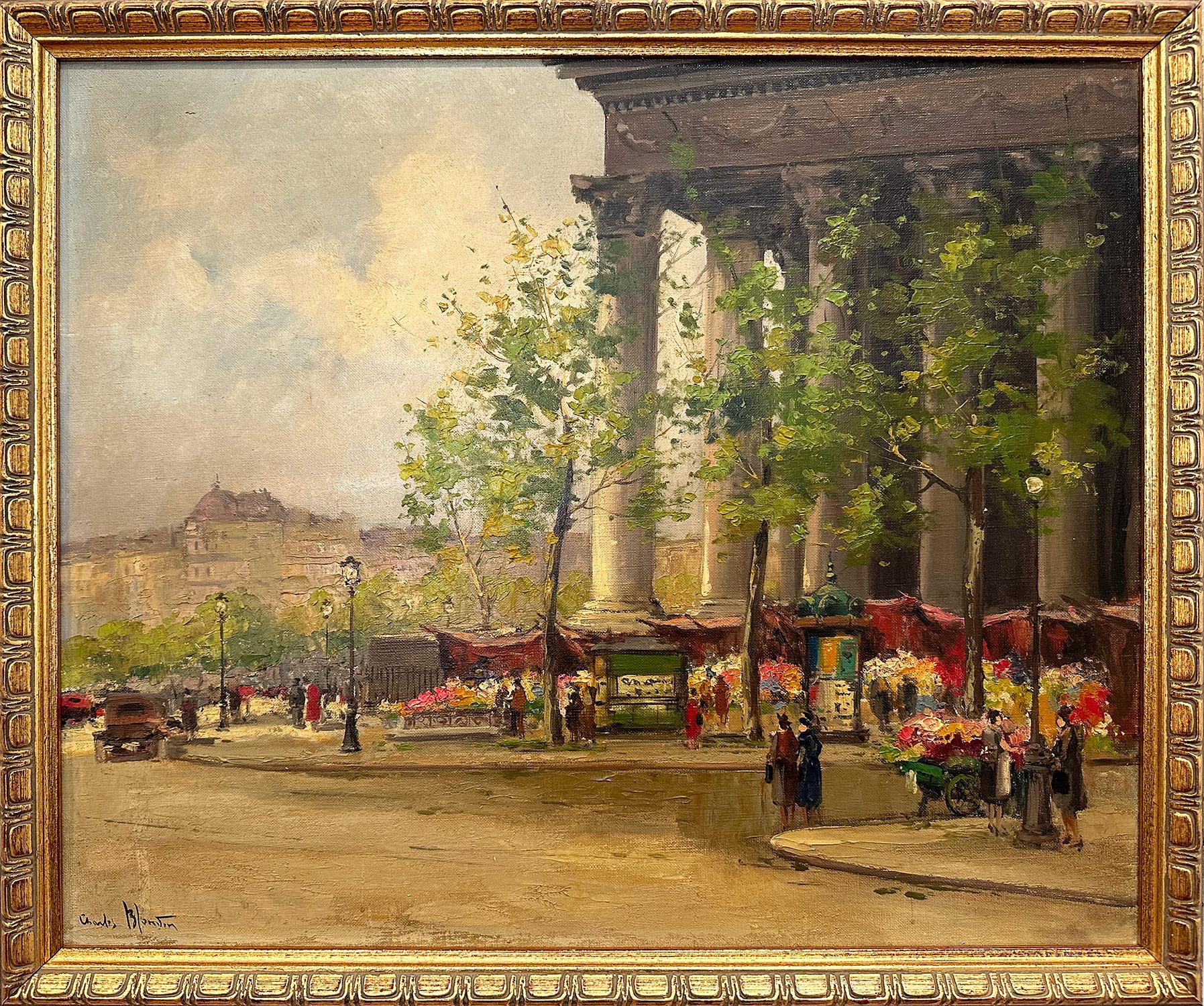 Charles Blondin Landscape Painting - "Flower Market, La Madeleine, Paris" Impressionist Oil Painting on Canvas Scene