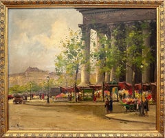Vintage "Flower Market, La Madeleine, Paris" Impressionist Oil Painting on Canvas Scene