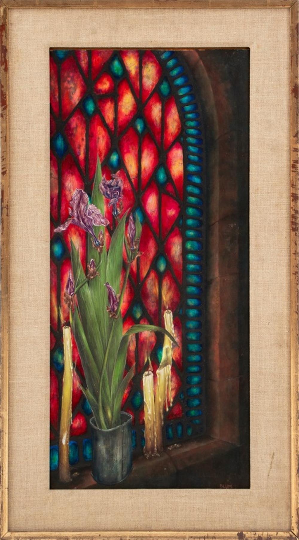 Charles Blum (New York, 1925-1998), Irises and Stained Glass, Oil on Board, 1962, depicting irises in pot with candles in front of a red and blue arched stained glass window, signed and dated lower right, wood frame. Image: 27.25