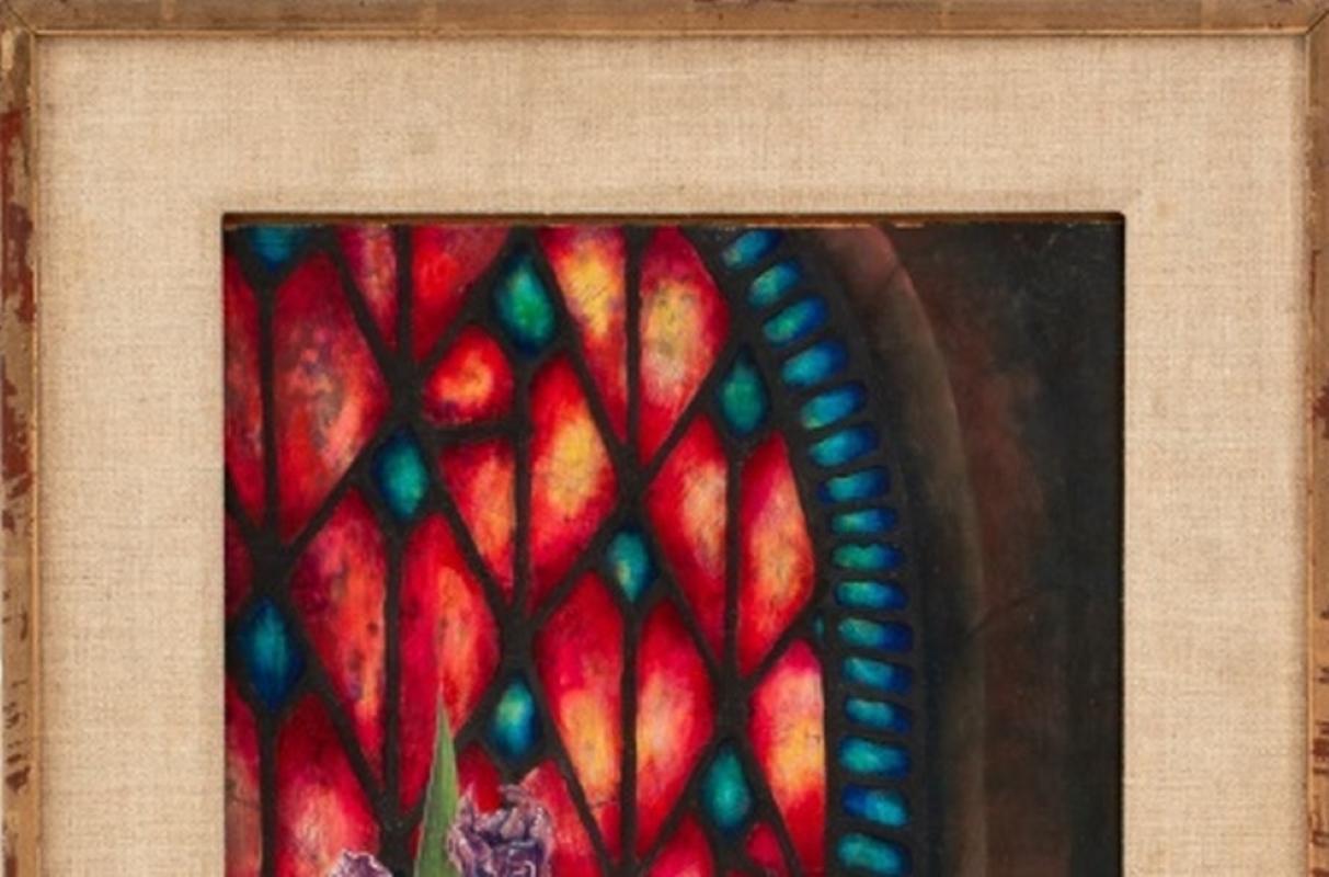 Charles Blum Irises and Stained Glass Oil on Board In Good Condition For Sale In Astoria, NY