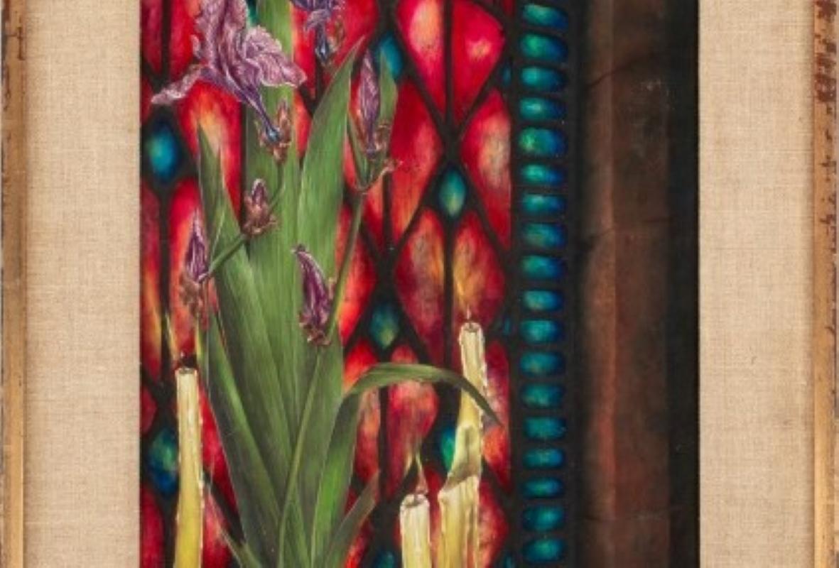20th Century Charles Blum Irises and Stained Glass Oil on Board For Sale