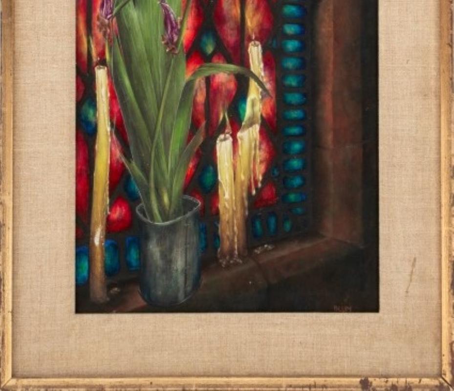 Wood Charles Blum Irises and Stained Glass Oil on Board For Sale