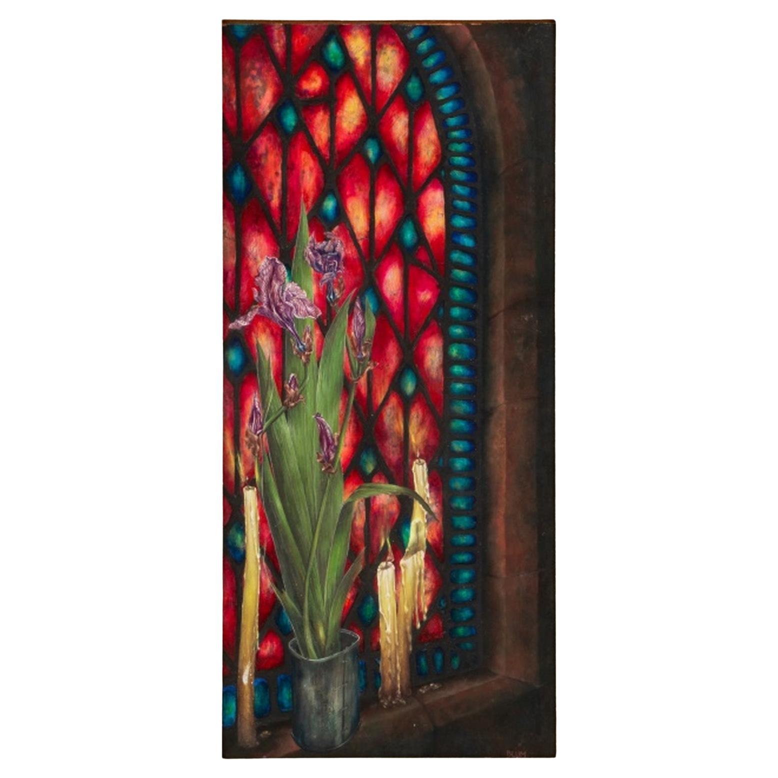 Charles Blum Irises and Stained Glass Oil on Board