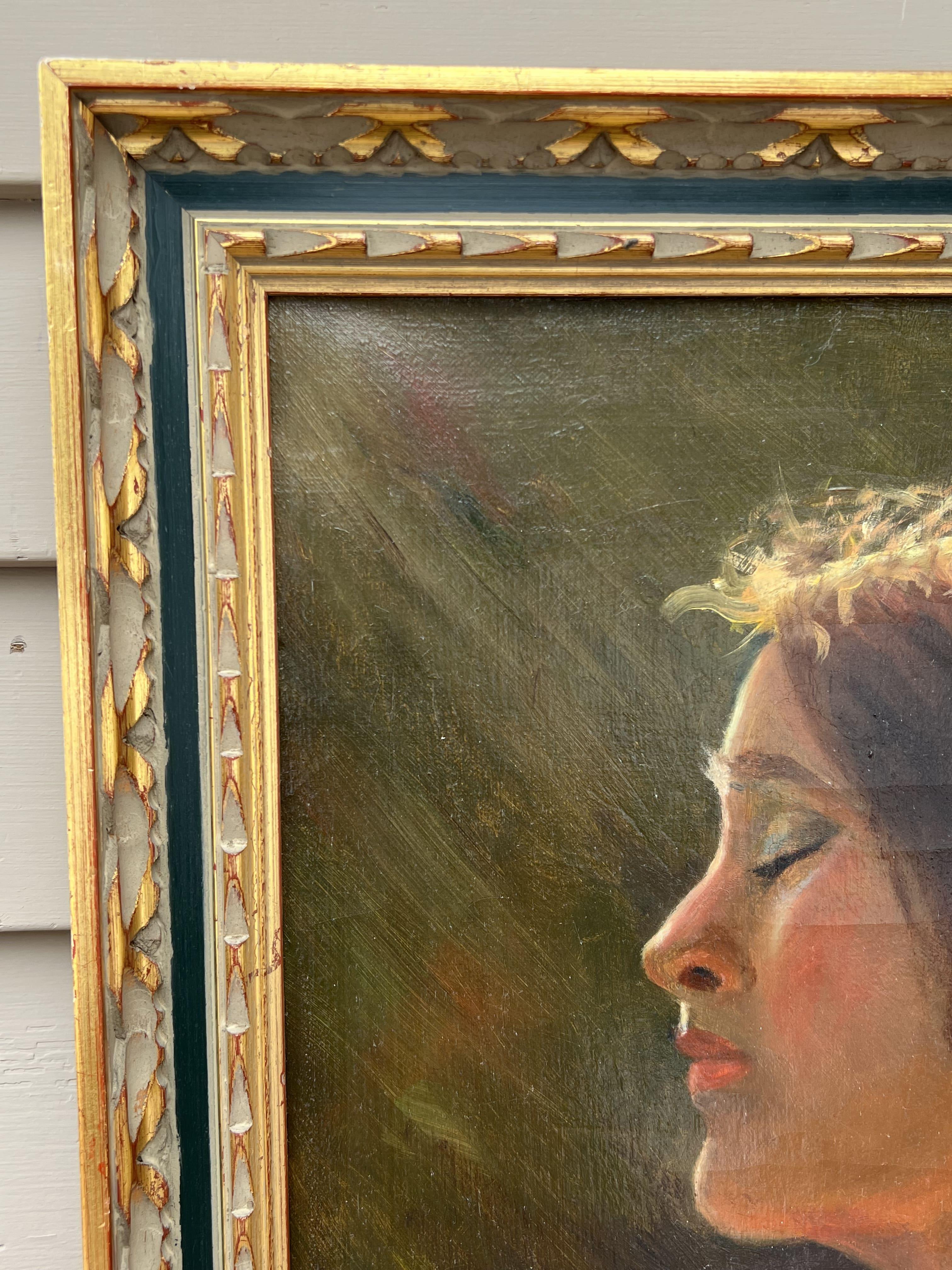 This is a beautiful original oil painting on canvas, depicting the Portrait of a woman in a profile, titled 