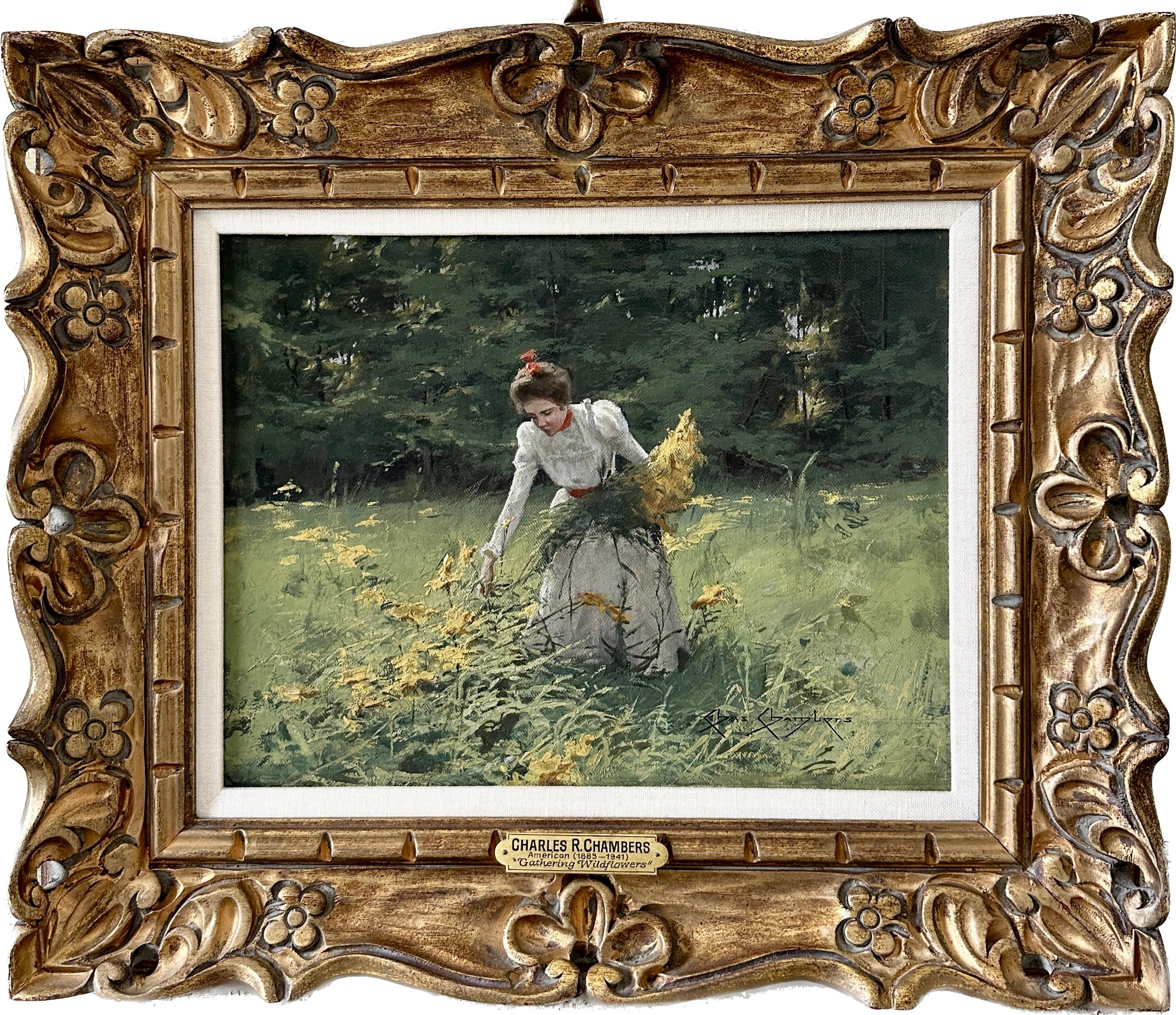 Young Lady Picking Wildflowers - Painting by Charles Bosseron Chambers