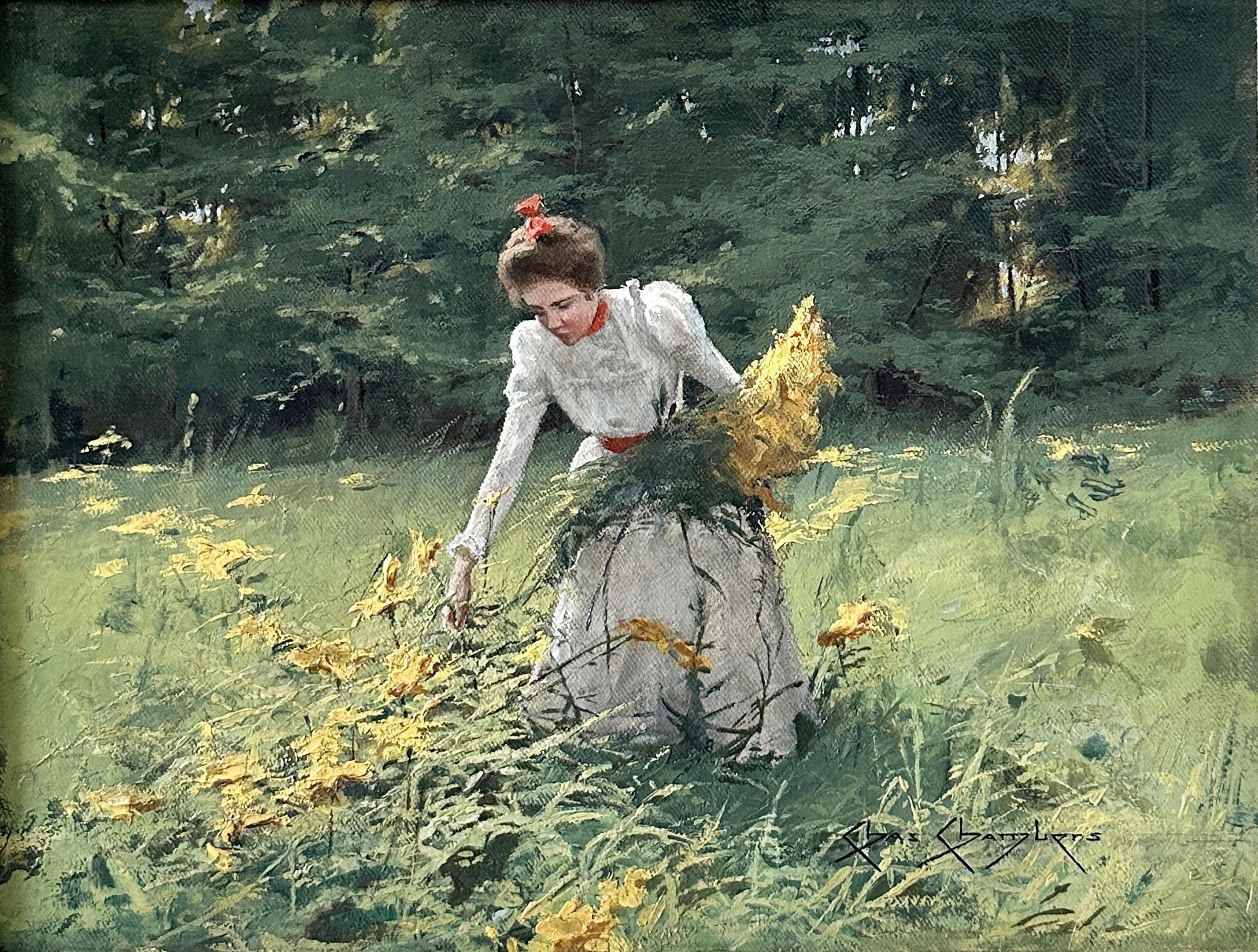 Charles Bosseron Chambers Figurative Painting - Young Lady Picking Wildflowers