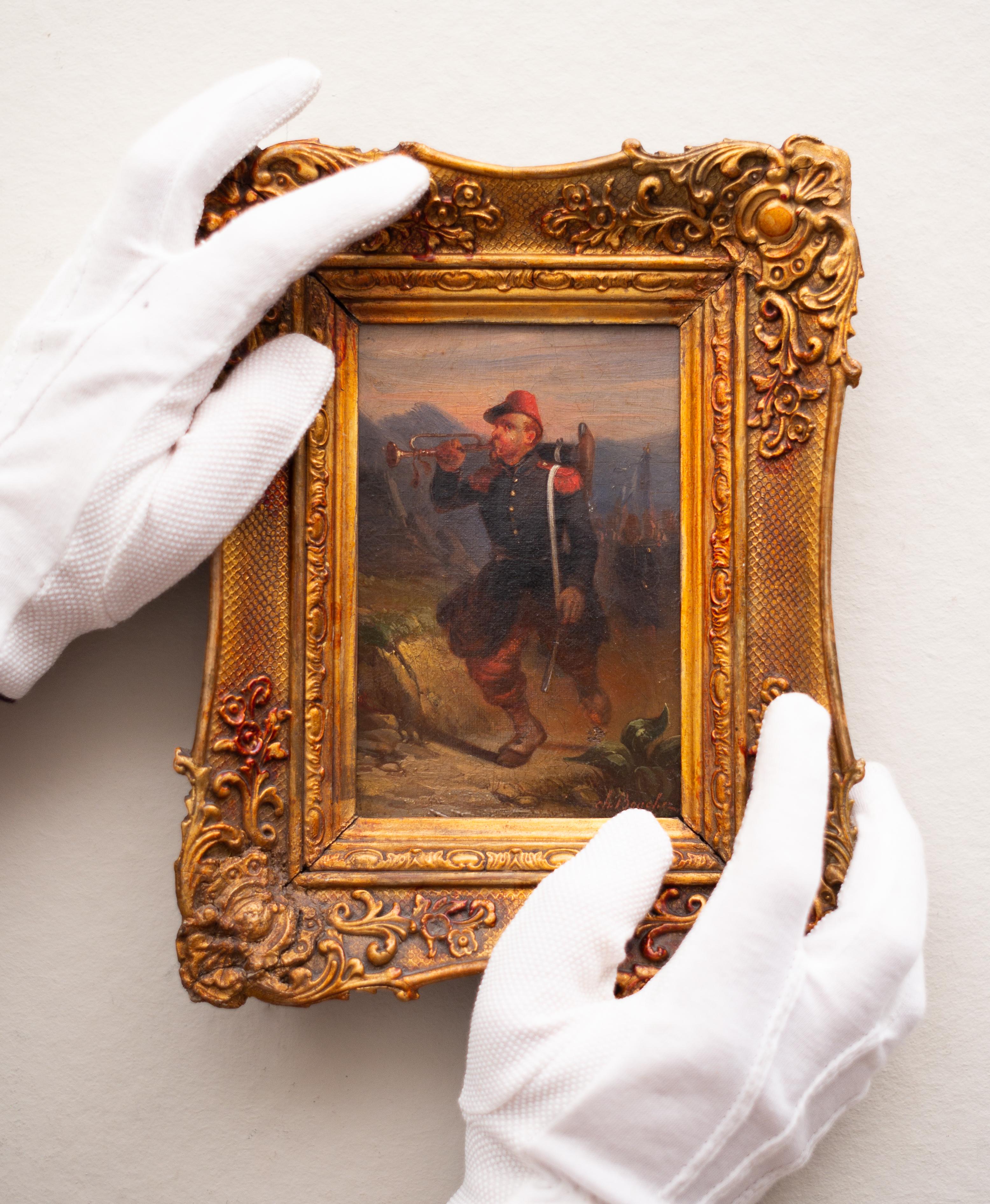 Un soldato che suona la tromba dell'artista francese Charles Bouchez, olio su tela - Painting di Charles Bouchez 