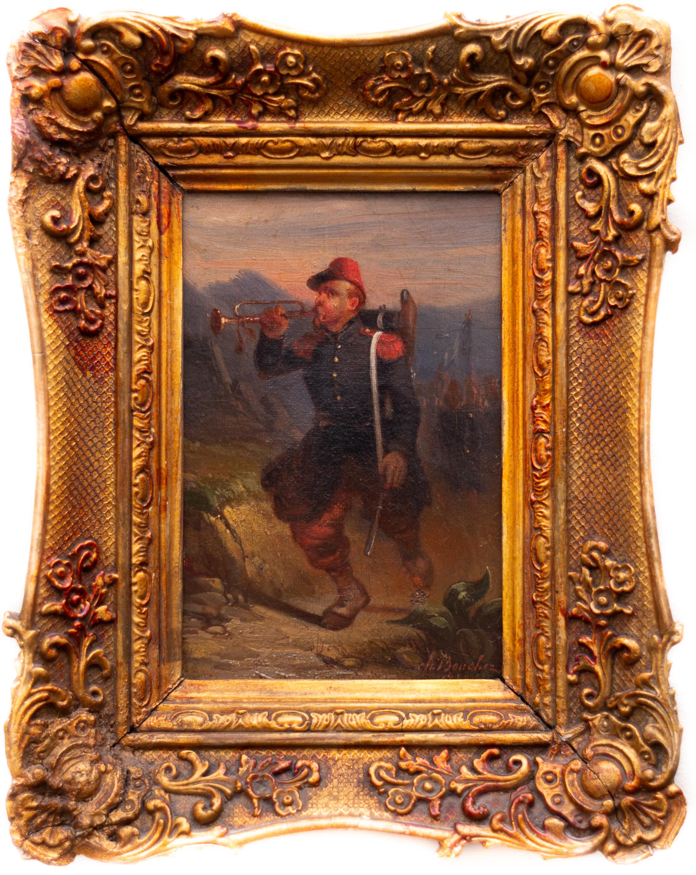 Charles Bouchez  Figurative Painting - A Soldier Blowing the Trumpet by French Artist Charles Bouchez, Oil on Canvas