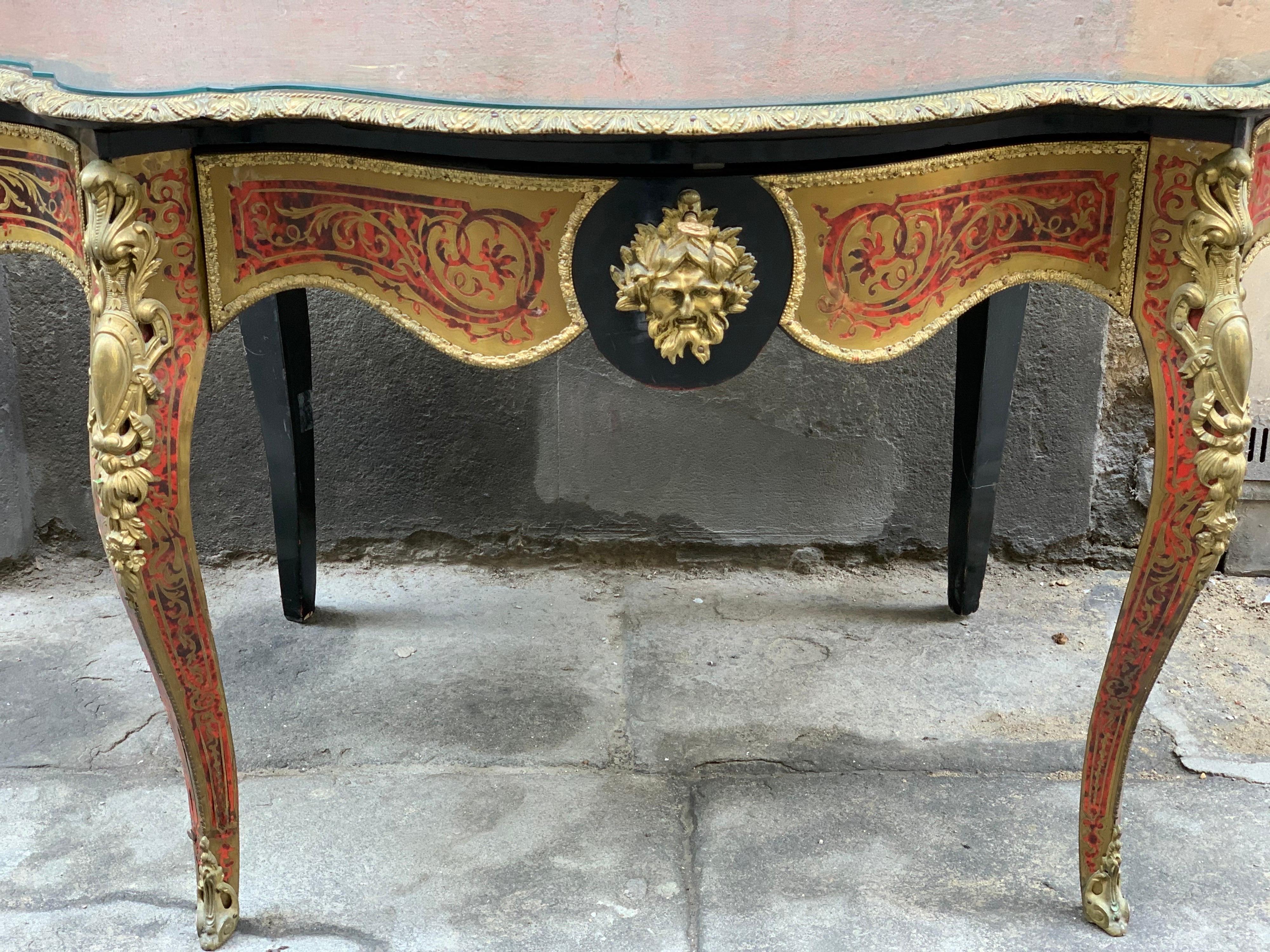 Charles-Boulle Style Mounted Tortoiseshell Engraved Brass and Ebony Desk, 1900 For Sale 8