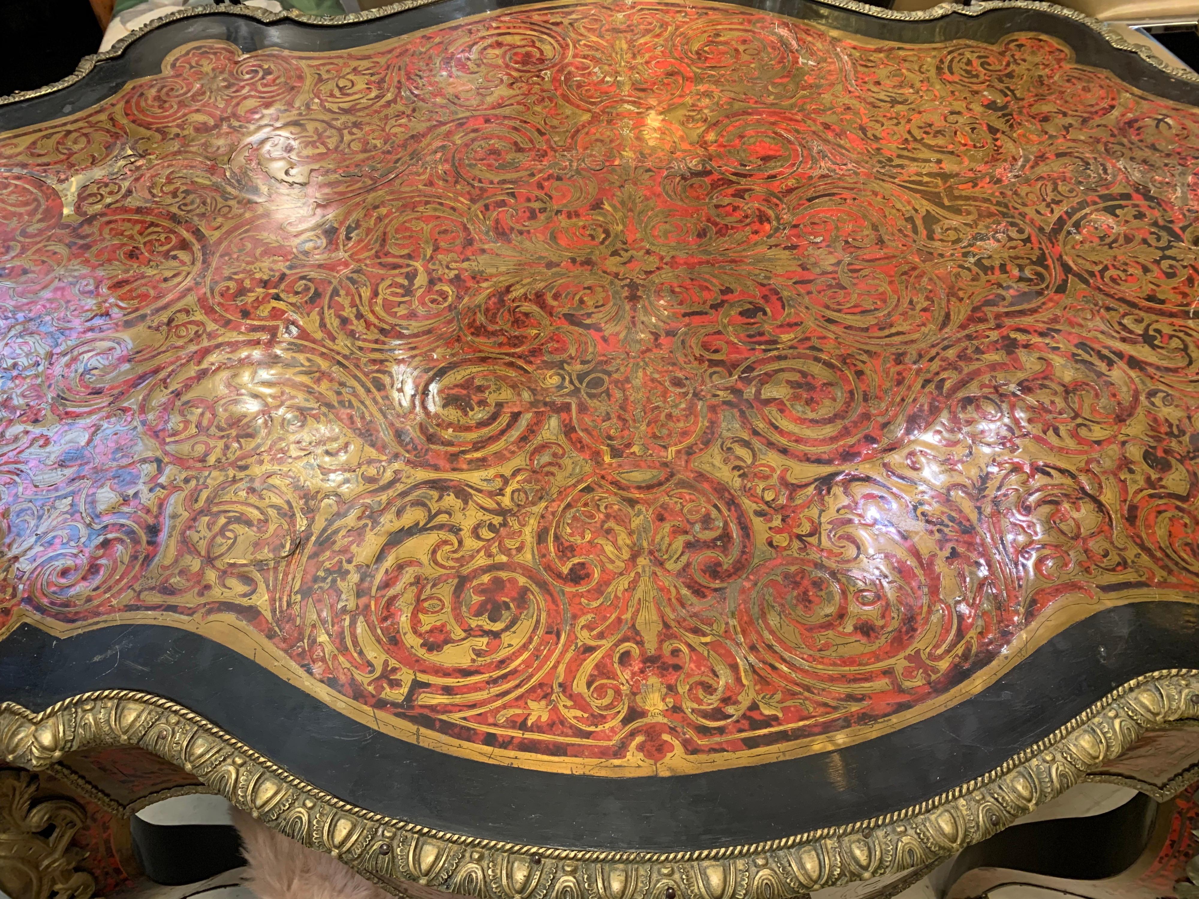 Lacquered Charles-Boulle Style Mounted Tortoiseshell Engraved Brass and Ebony Desk, 1900 For Sale