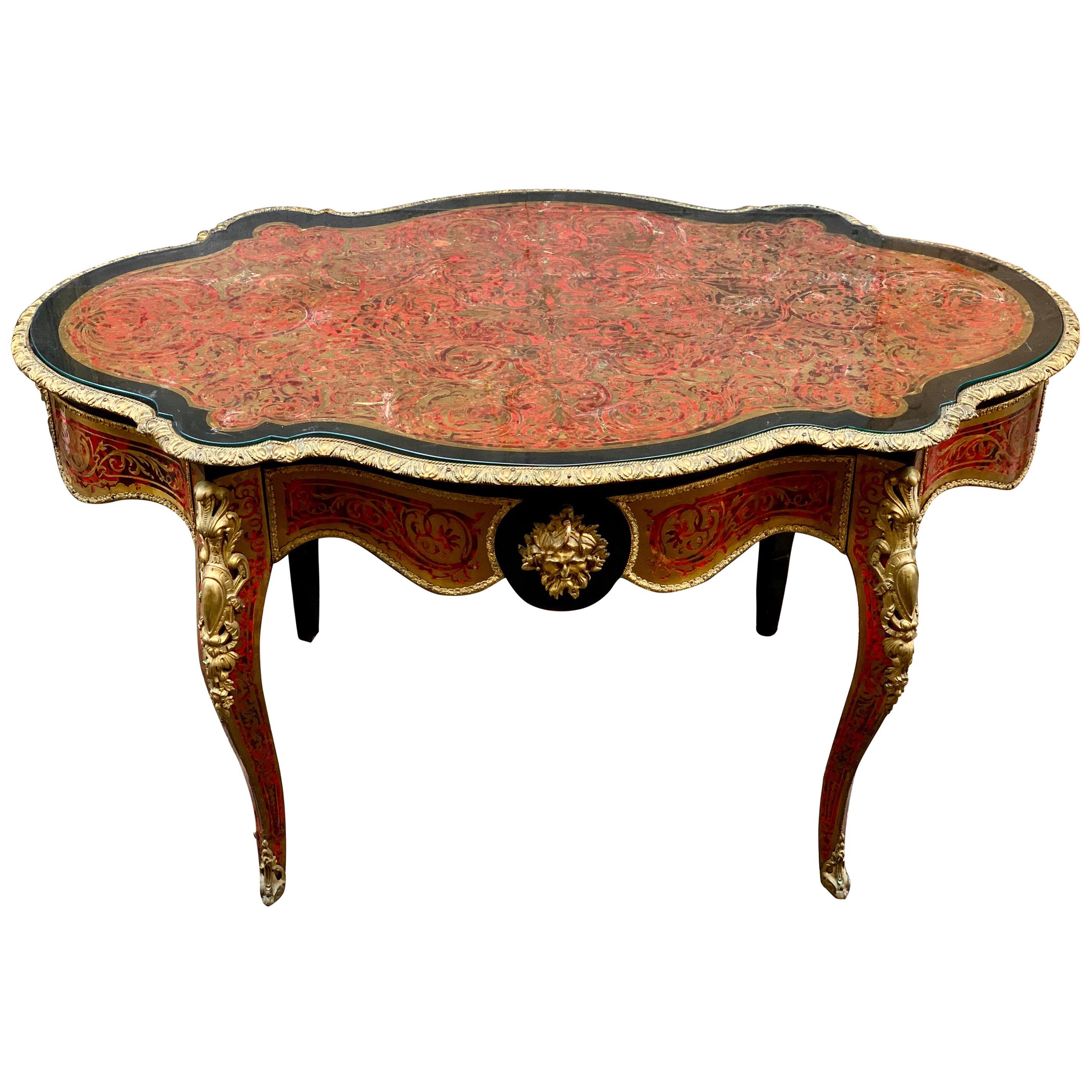 Charles-Boulle Style Mounted Tortoiseshell Engraved Brass and Ebony Desk, 1900