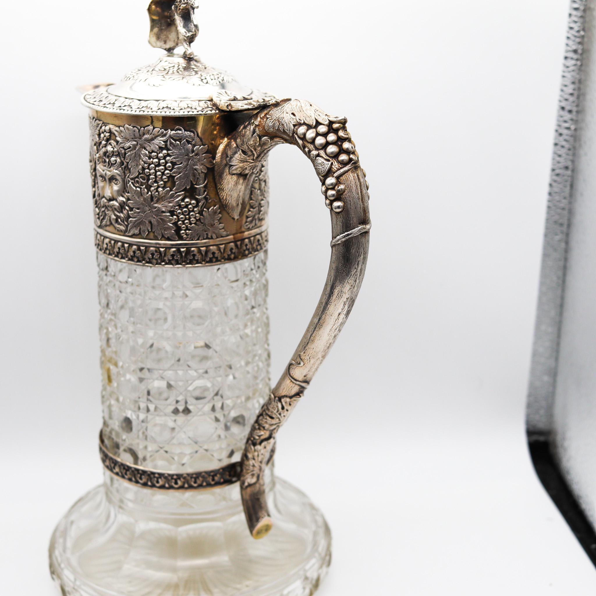 Anglais Charles Boyton 1899 London Wine Ewer Pitcher In Cut Crystal And .925 Sterling en vente