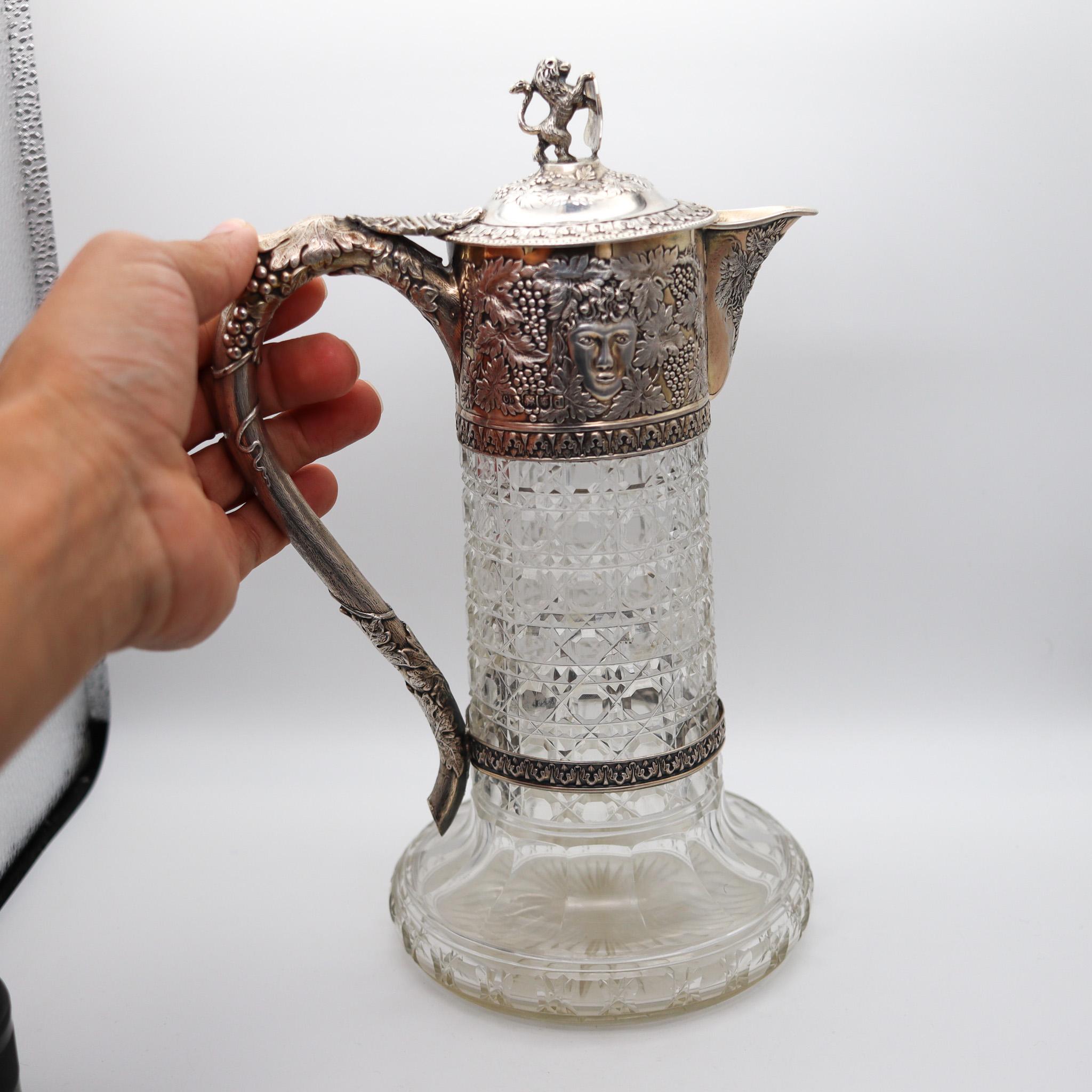 Silver Charles Boyton 1899 London Wine Ewer Pitcher In Cut Crystal And .925 Sterling For Sale