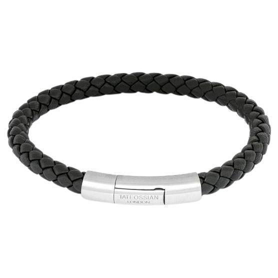 Charles Bracelet in Italian Black Leather with Sterling Silver, Size L For Sale