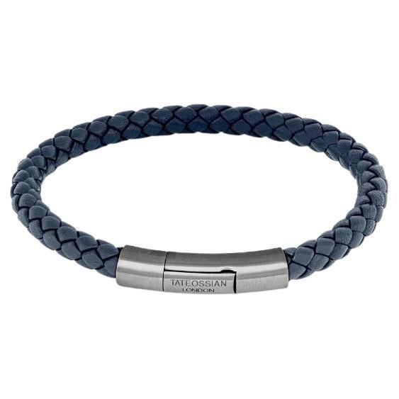 Charles Bracelet in Italian Navy Leather with Sterling Silver, Size L For Sale
