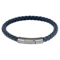 Bracelet Charles en cuir bleu marine italien avec argent sterling, taille L