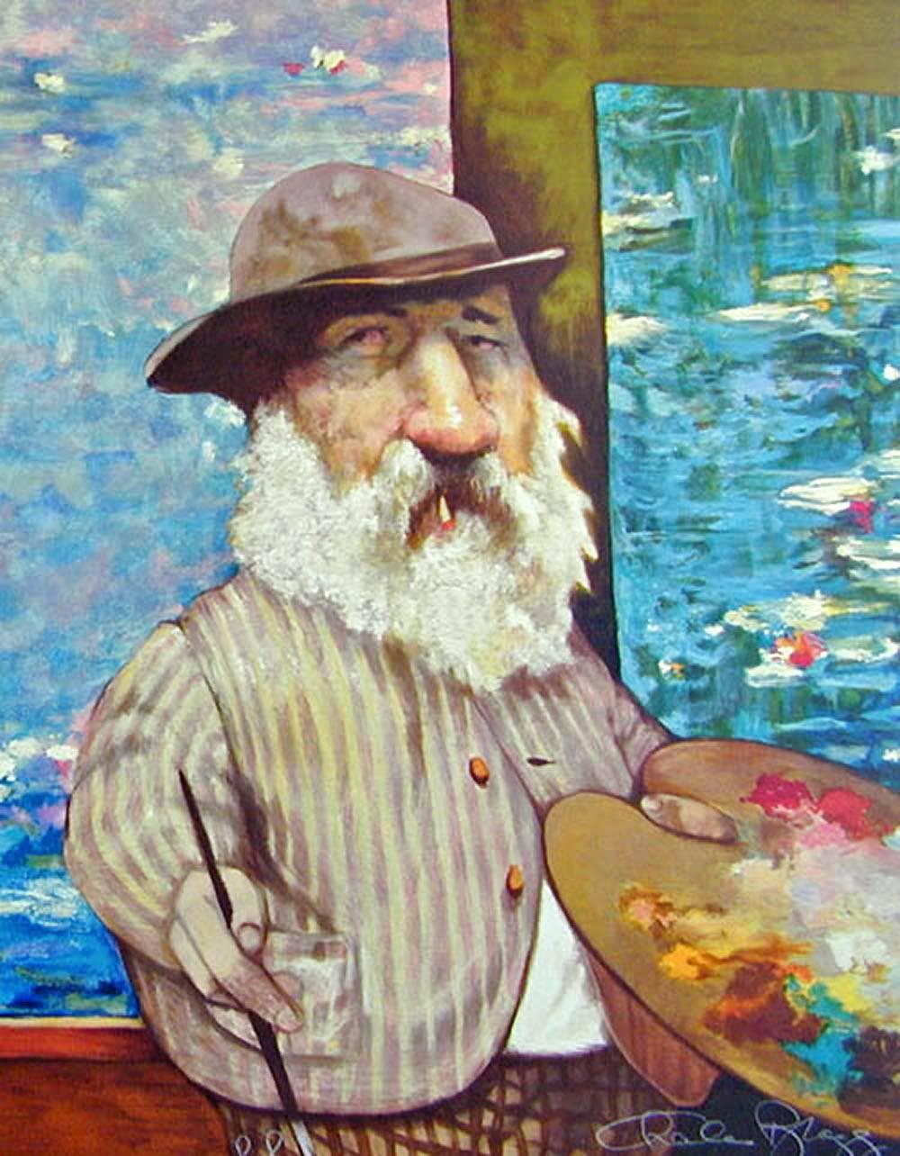 PORTRAIT OF MONET Signed Lithograph, Artist Portrait Monet Water Lilies, Satire - Print by Charles Bragg