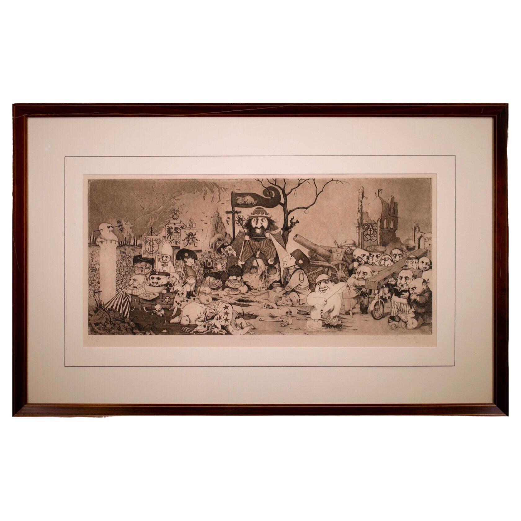 Charles Bragg Asylum #266 Signed Contemporary Etching on Paper XCI/C Framed 1972 For Sale