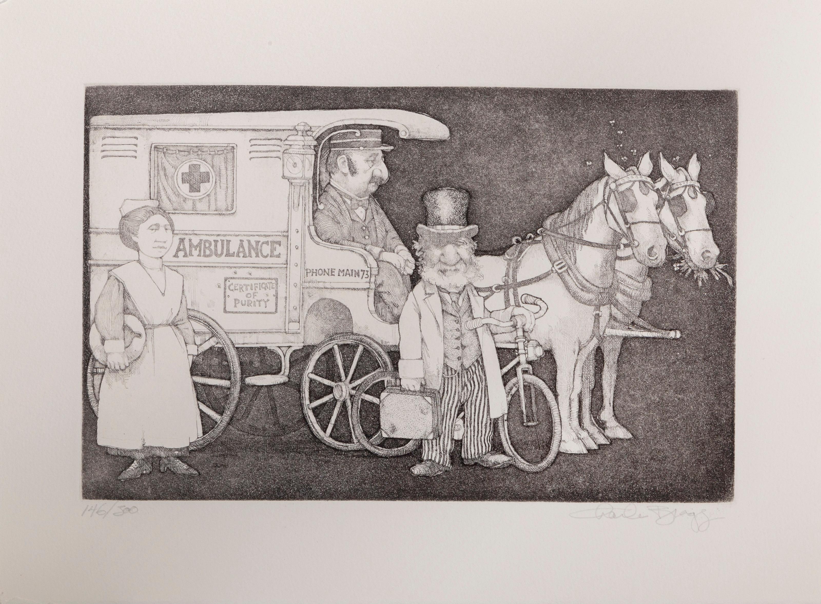  Charles Bragg, American (1931 - 2017) -  Ambulance, Year: circa 1970, Medium: Etching, signed, numbered in pencil, Edition: 300, Image Size: 7.5 x 12 inches, Size: 11.5 x 15 in. (29.21 x 38.1 cm), Description: Caricature etching by American artist