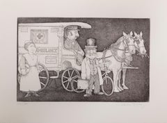 Vintage Ambulance, Folk Art Etching by Charles Bragg