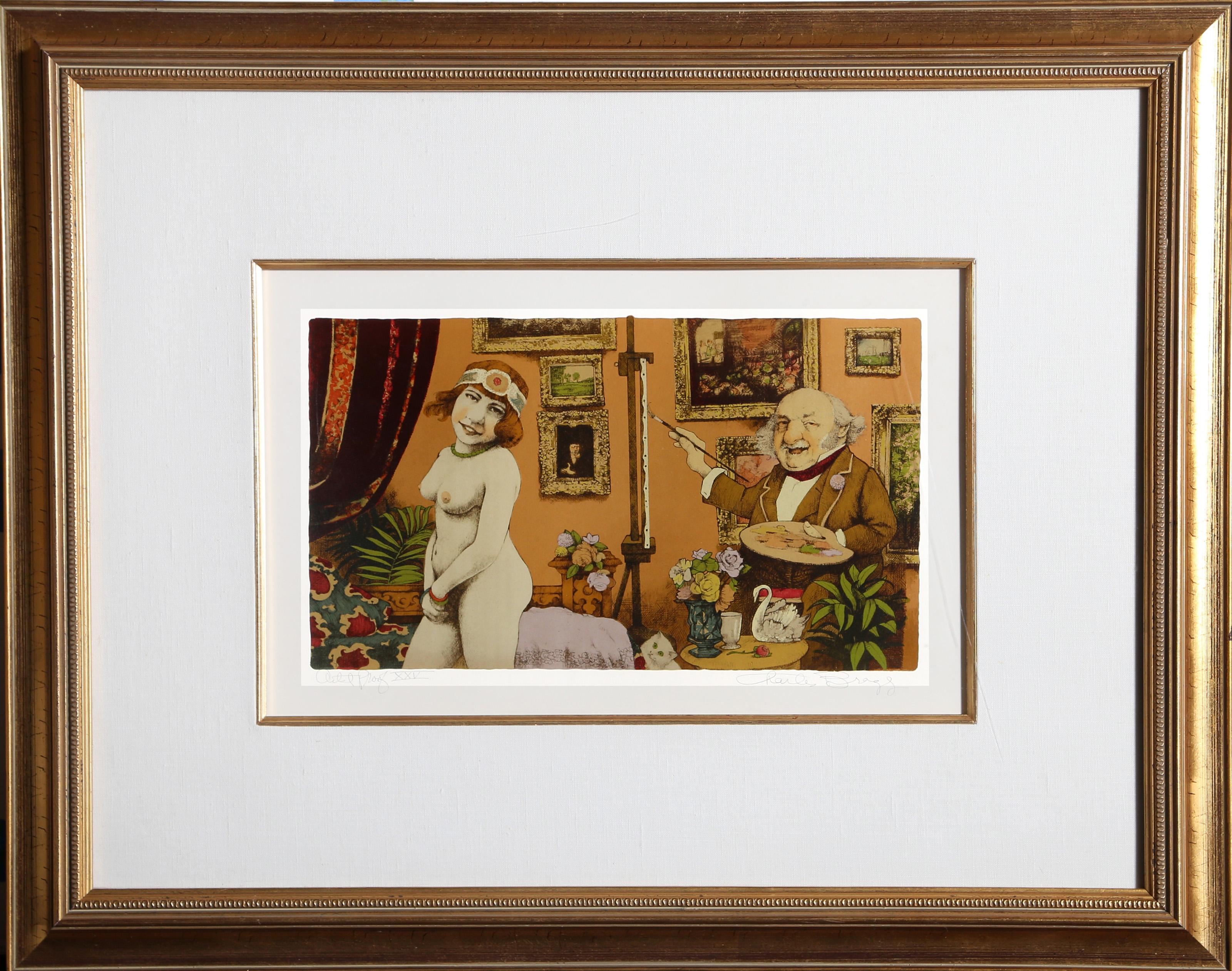  Charles Bragg, estadounidense (1931 - 2017) -  Artista y Modelo, Medio: Litografía sobre papel Japón, firmada y numerada a lápiz, Edición: AP XXV, Tamaño de la imagen: 8 x 13,75 pulgadas, Tamaño del marco: 22 x 28 pulgadas  
