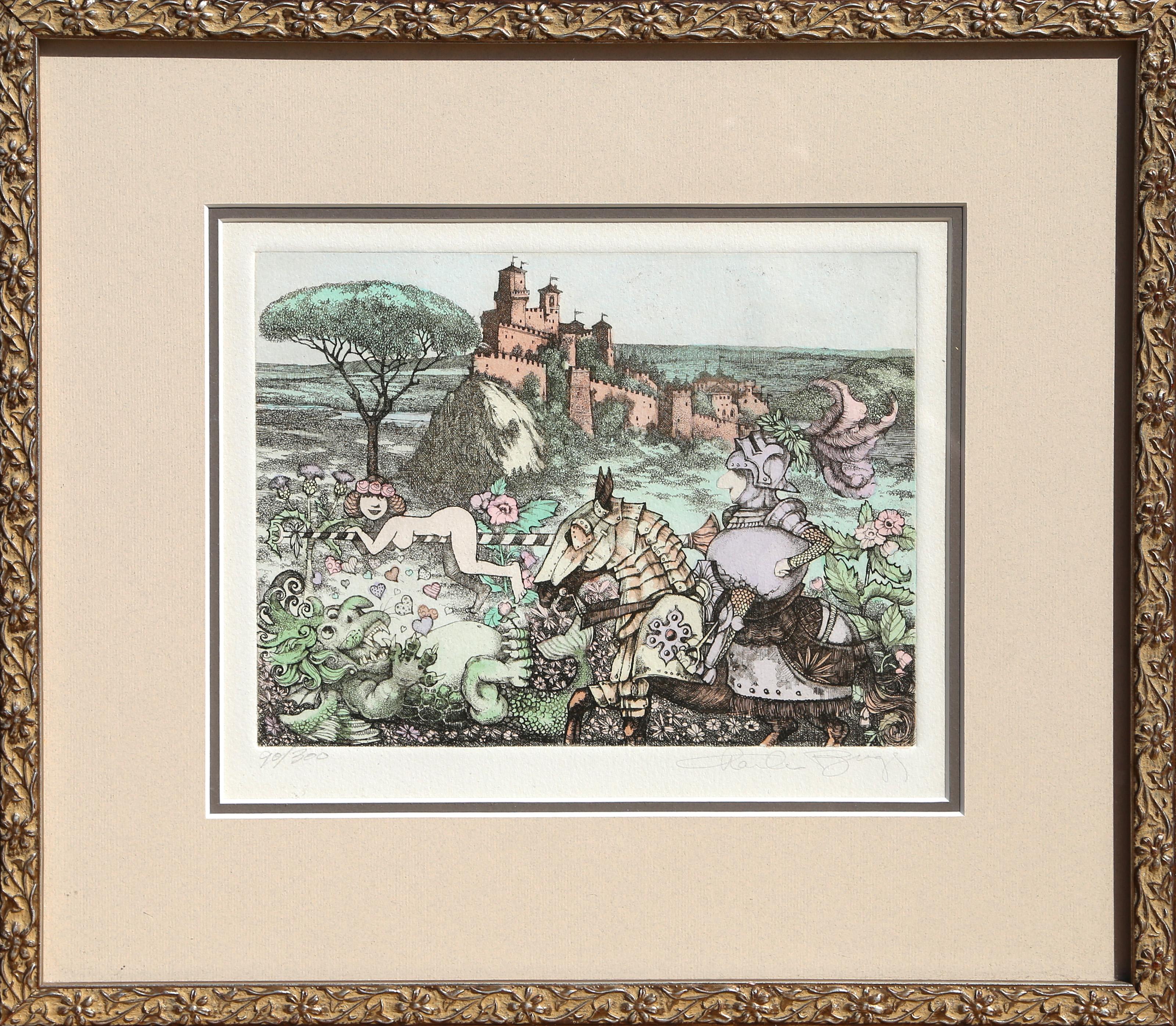  Charles Bragg, American (1931 - 2017) -  Camelot (Knight Rider), Medium: Color Etching, signed and numbered in pencil, Edition: 90/300, Image Size: 6 x 8 inches, Frame Size: 12 x 14 inches 
