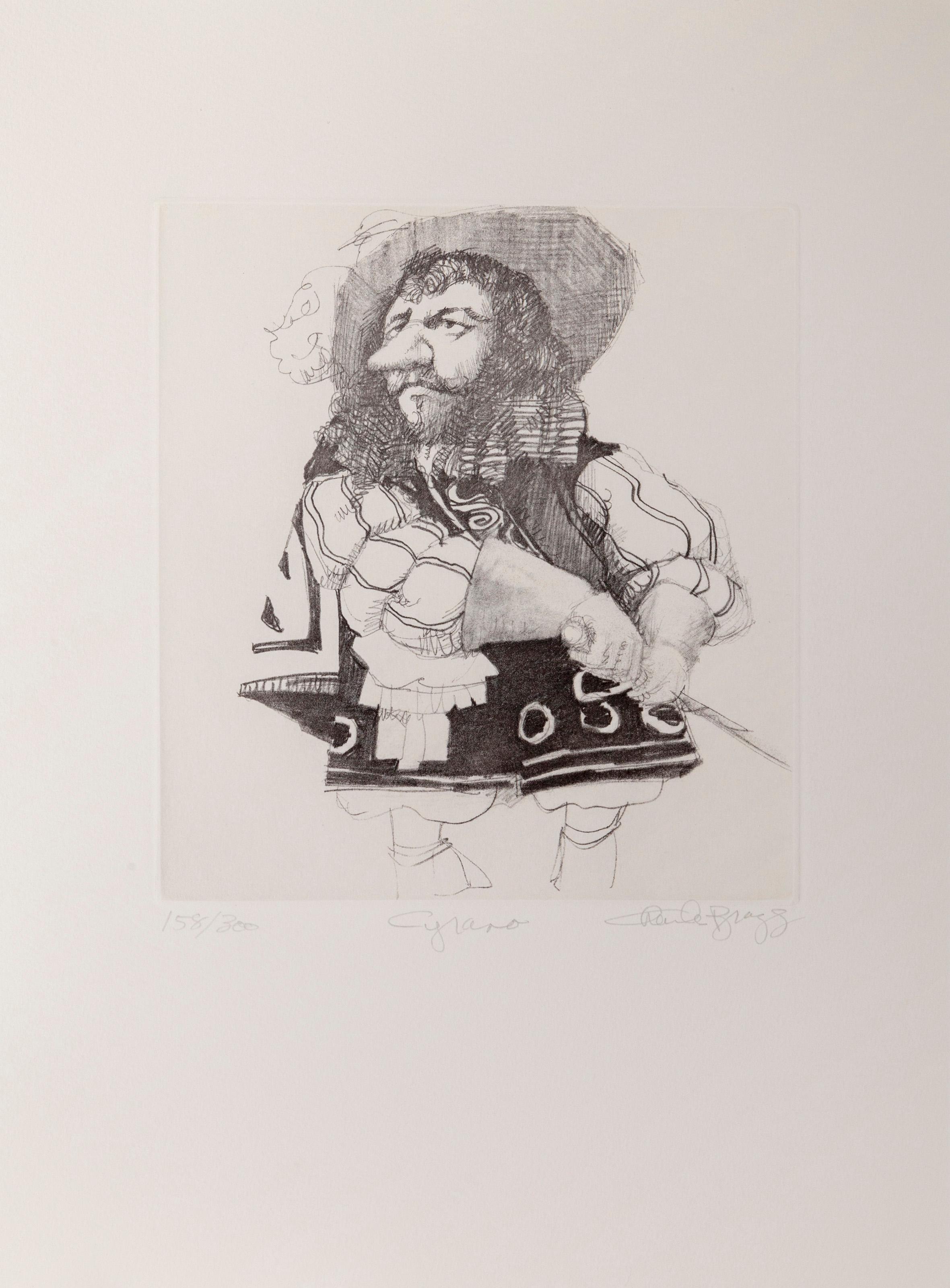 Charles Bragg, American (1931 - 2017) -  Cyrano, Year: circa 1970, Medium: Etching, signed, numbered, and titled in pencil, Edition: 300, Image Size: 8.25 x 7.5 inches, Size: 15 x 11.5 in. (38.1 x 29.21 cm), Description: Caricature etching by