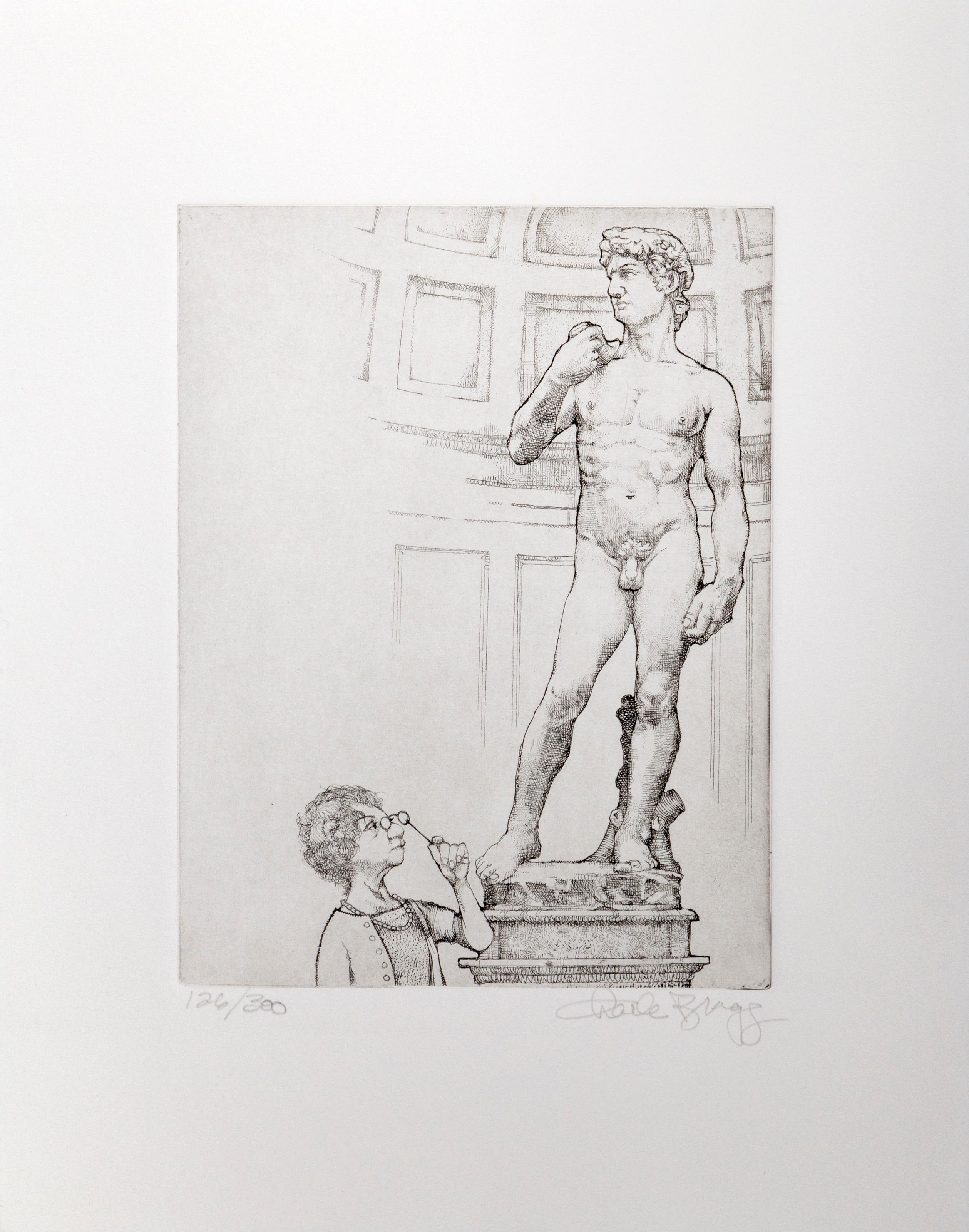  Charles Bragg, American (1931 - 2017) -  David, Year: circa 1970, Medium: Etching, signed, numbered in pencil, Edition: 300, Image Size: 8 x 6 inches, Size: 12.5 x 10 in. (31.75 x 25.4 cm), Description: Caricature etching by American artist Charles