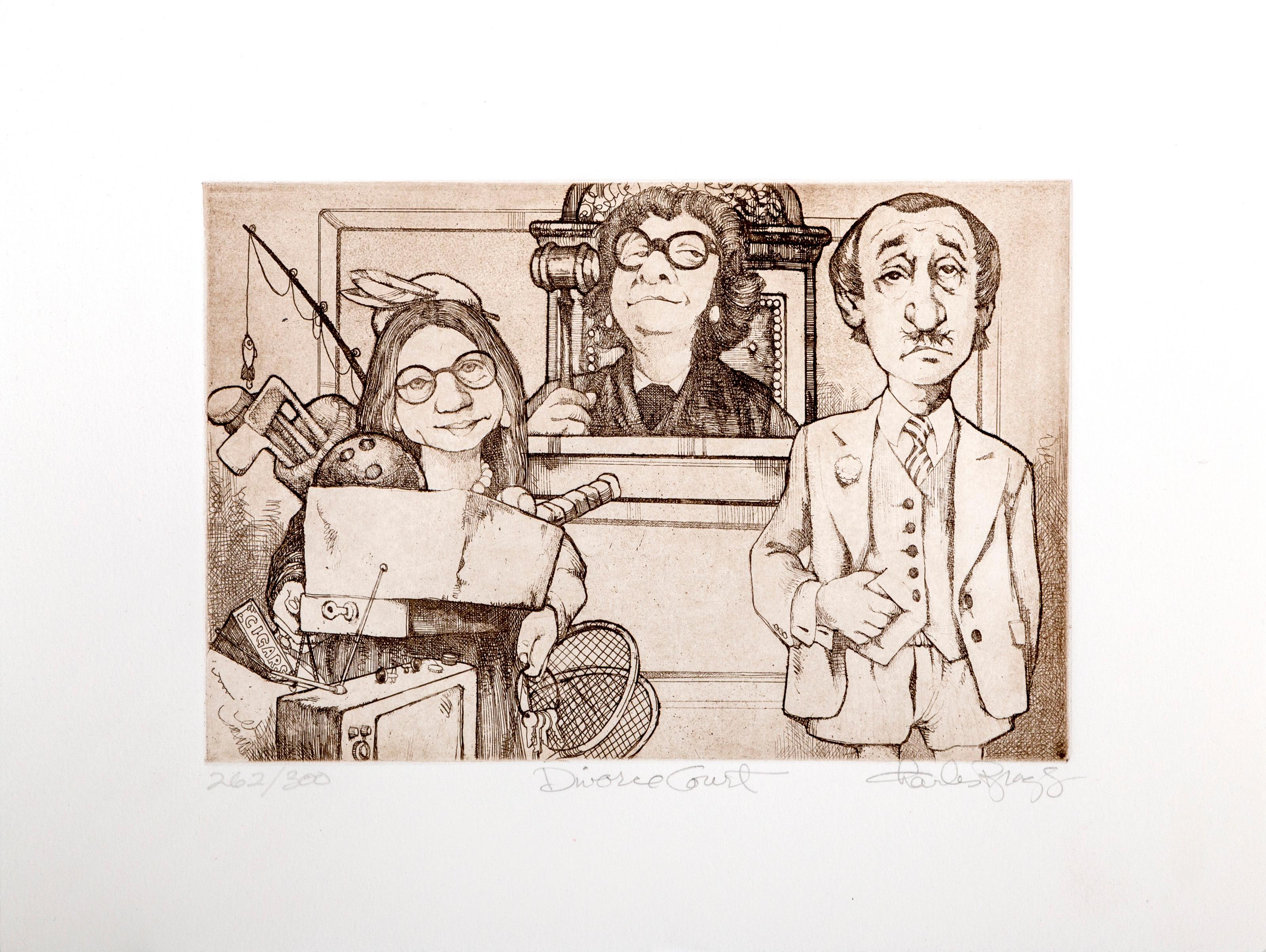 Divorce Court, Volkskunst-Radierung von Charles Bragg