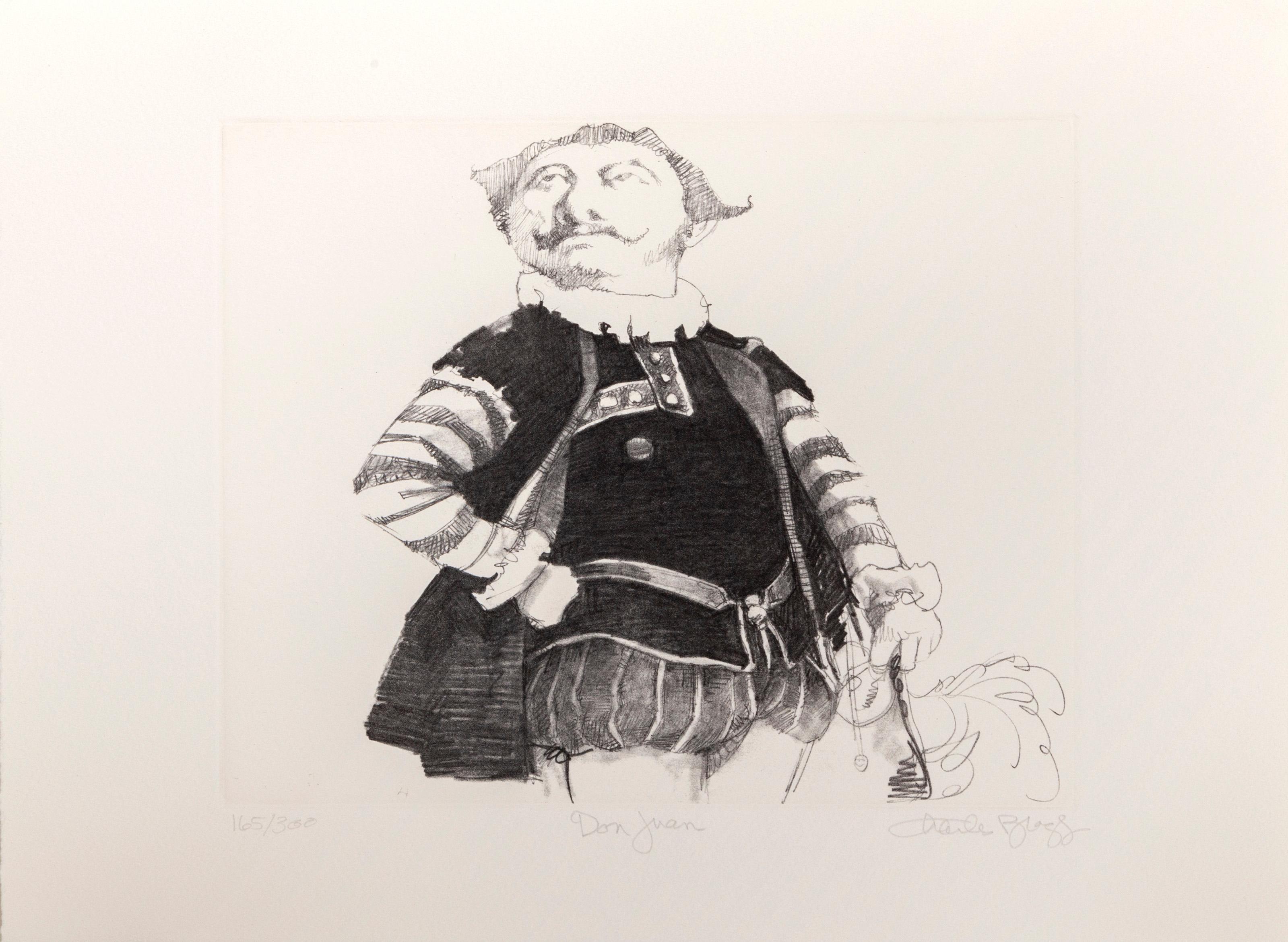  Charles Bragg, American (1931 - 2017) -  Don Juan, Year: circa 1970, Medium: Etching, signed, numbered, and titled in pencil, Edition: 300, Image Size: 8 x 10.5 inches, Size: 11.5 x 15.5 in. (29.21 x 39.37 cm), Description: Caricature etching by