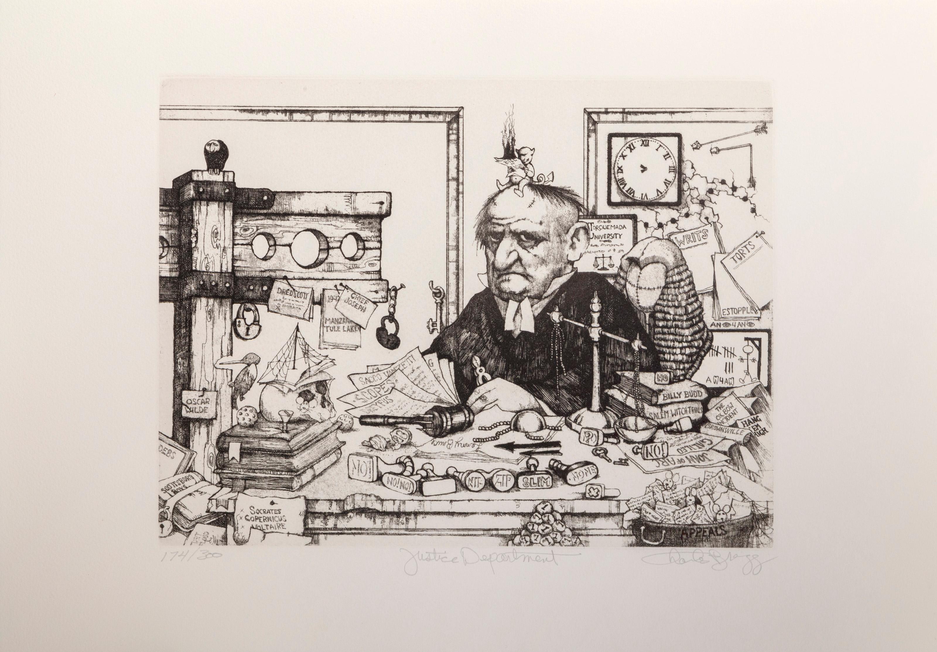  Charles Bragg, estadounidense (1931 - 2017) -  Departamento de Justicia, Año: hacia 1970, Técnica: Aguafuerte, firmado, numerado y titulado a lápiz, Edición: 300, Tamaño de la imagen: 9 x 12 pulgadas, Tamaño: 12,5 x 18 pulgadas (31,75 x 45,72 cm),