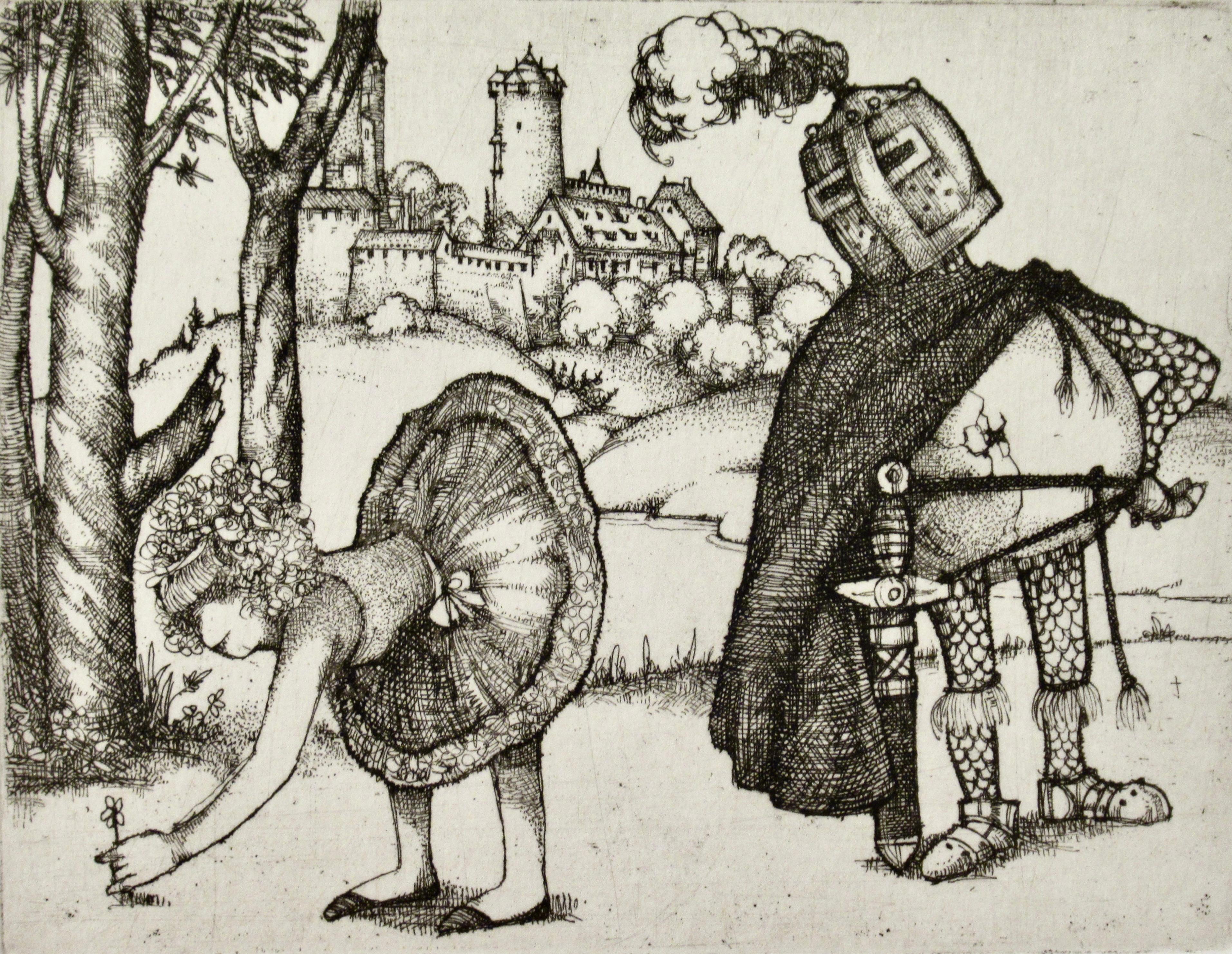 Knight Looking at a Girl - Print by Charles Bragg