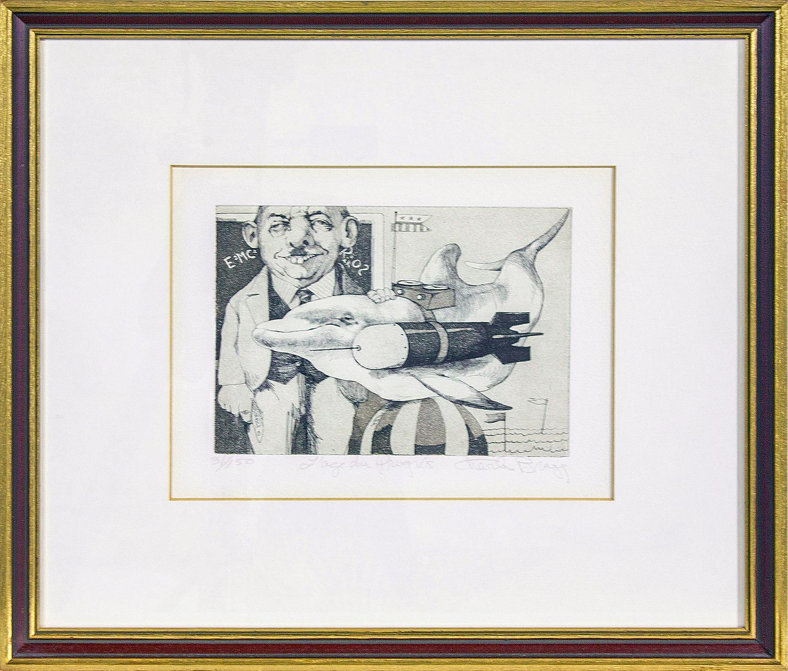  Limited edition etching hand-signed Charles Bragg and hand-titled "L'age du Progrés." Hand-numbered 31/150. Depicts a man with a dolphin strapped to a missile. 
