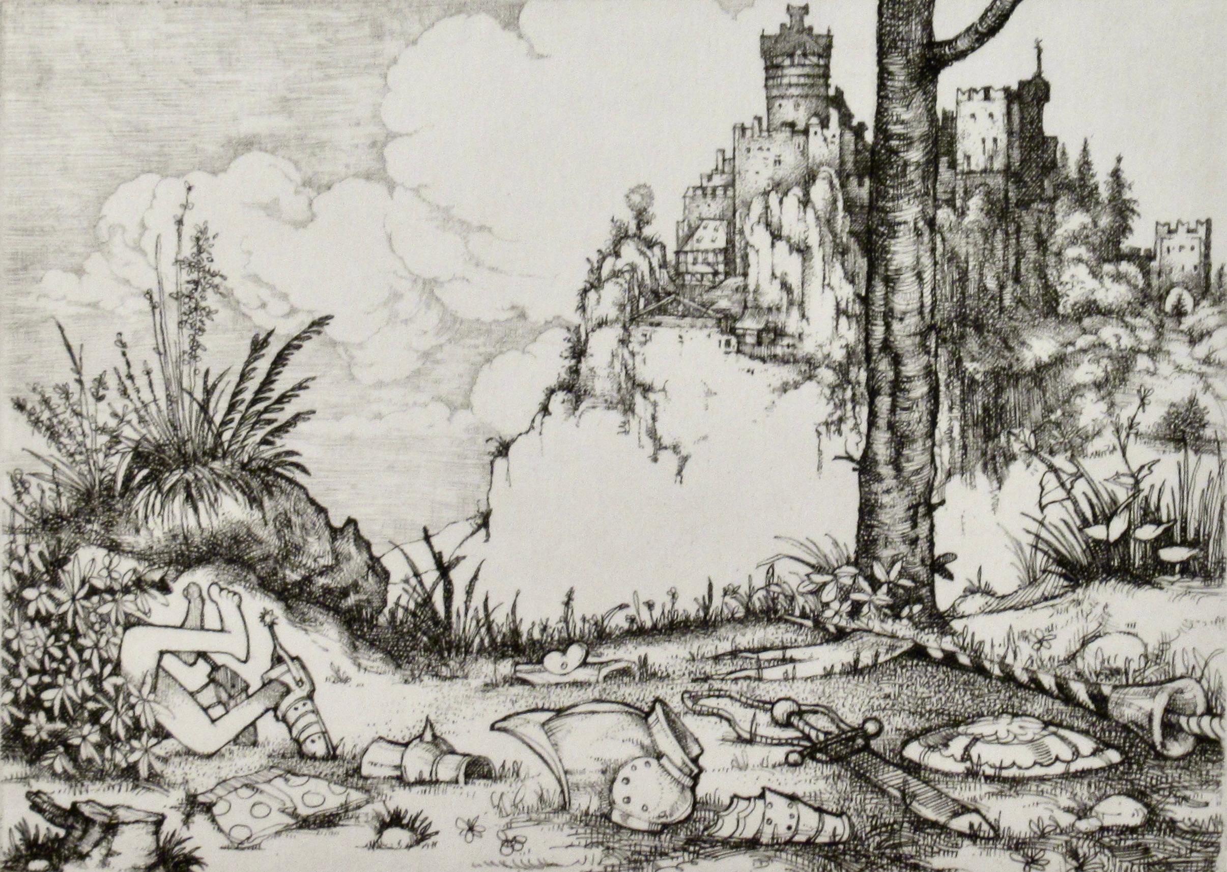 scène érotique médiévale - Print de Charles Bragg