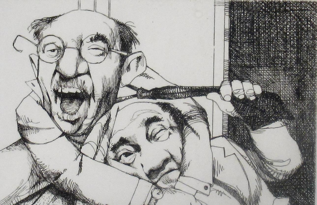 Out of Court Settlement - Gray Figurative Print by Charles Bragg