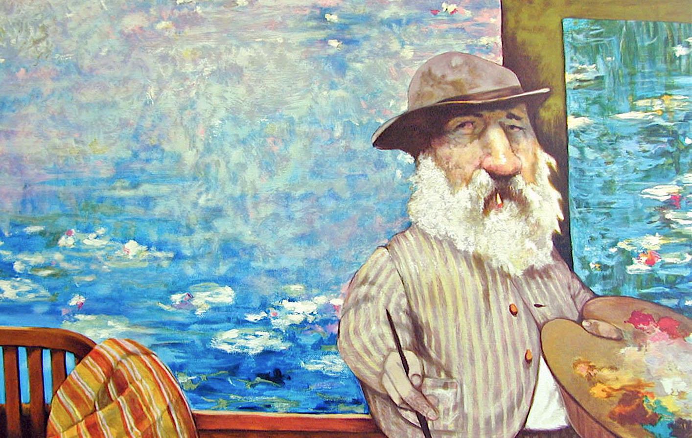 PORTRAIT OF MONET Signed Lithograph, Artist Portrait Monet Water Lilies, Satire - Print de Charles Bragg