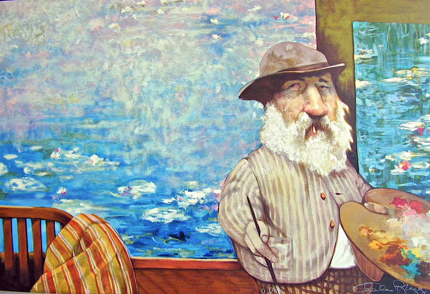 Charles Bragg Interior Print – PORTRAIT OF MONET Signierte Lithographie, Künstlerporträt Monet Wasserlilien, Satire