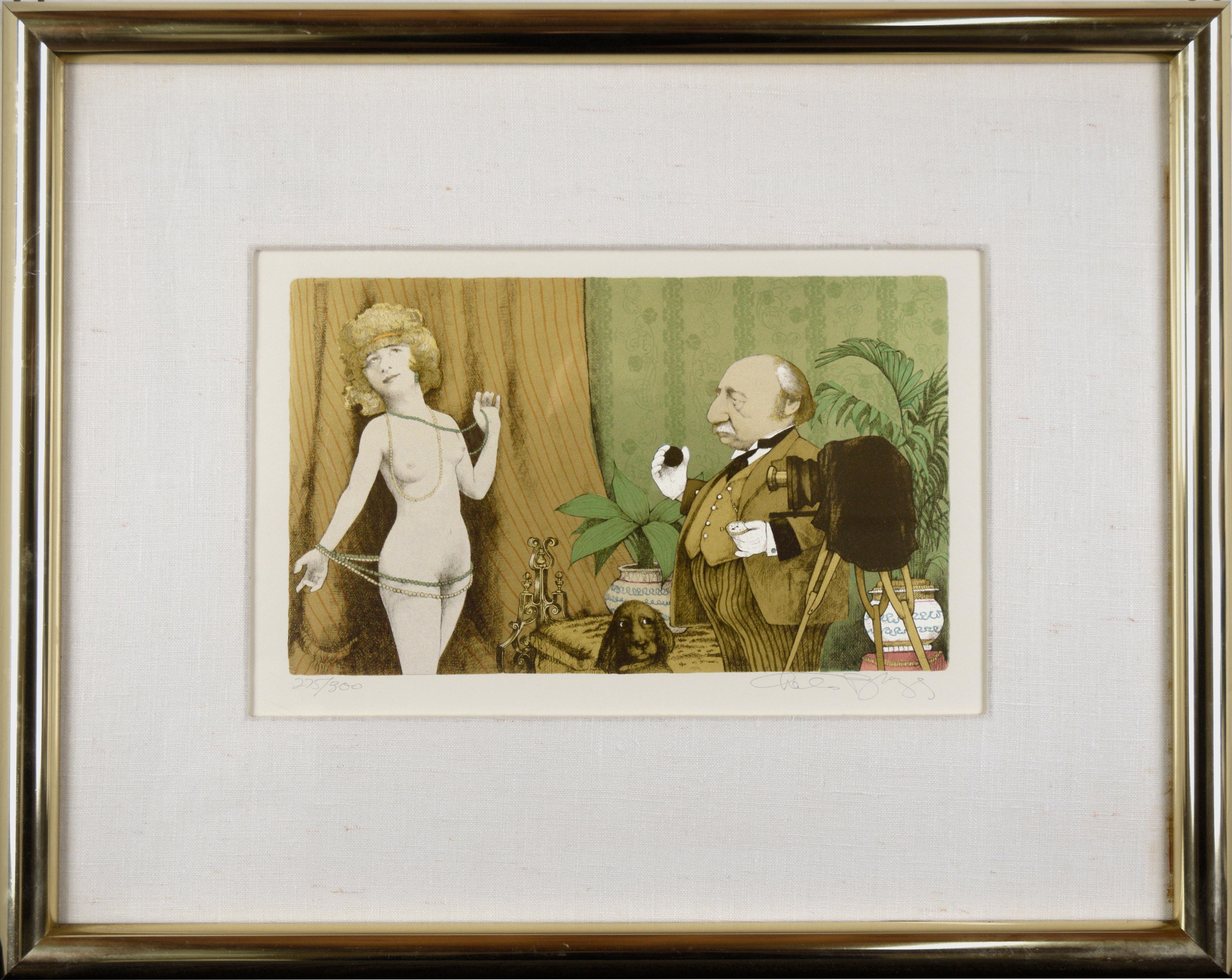 Charles Bragg Figurative Print - "Postcard from Paris" Vintage Satirical Lithograph
