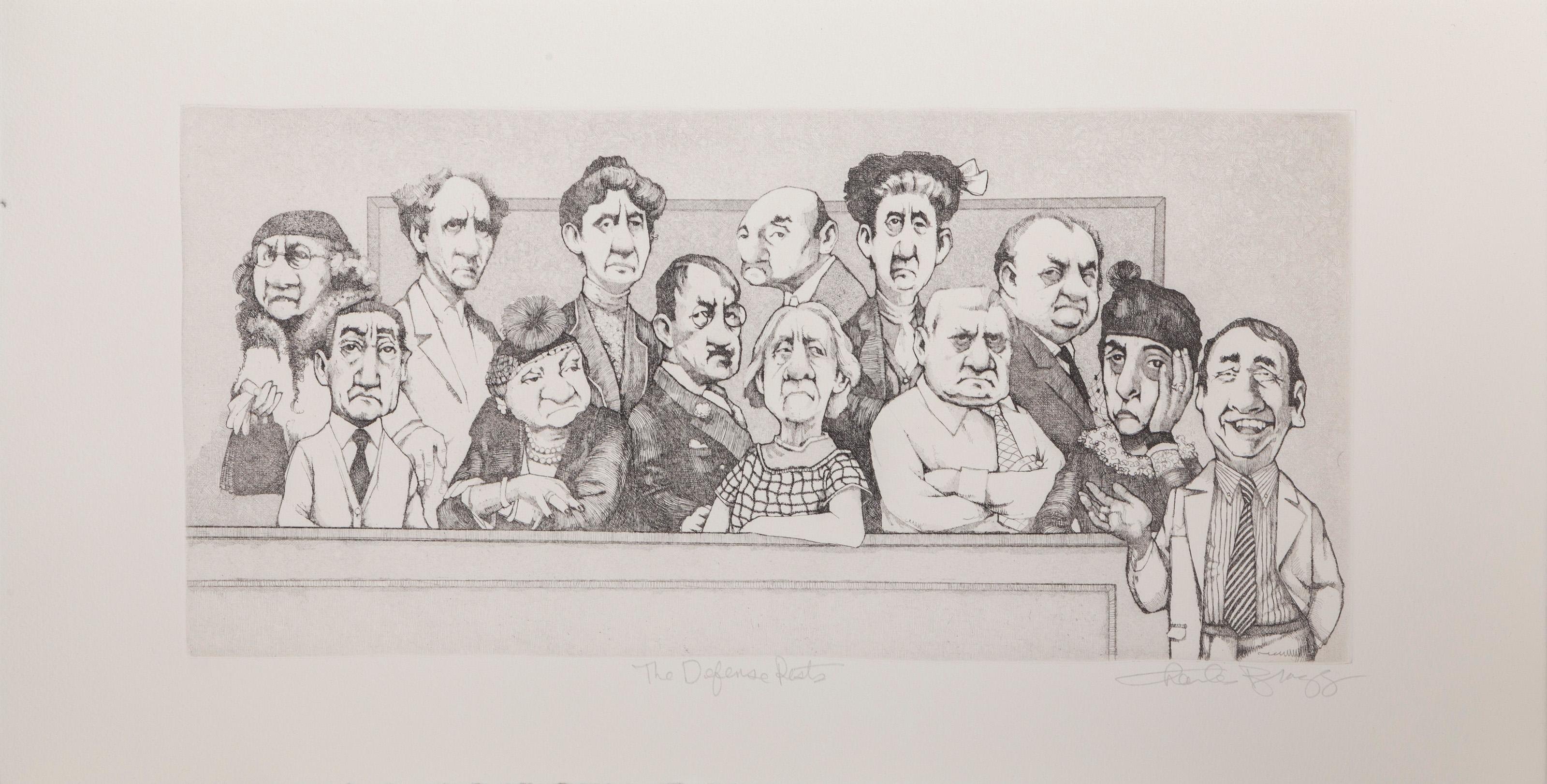 Caricature etching by American artist Charles Bragg. A jury of different caricatures sits unamused before a smiling attorney. 

The Defense Rests
Charles Bragg, American (1931–2017)
Date: circa 1970
Etching, signed, numbered, and titled in