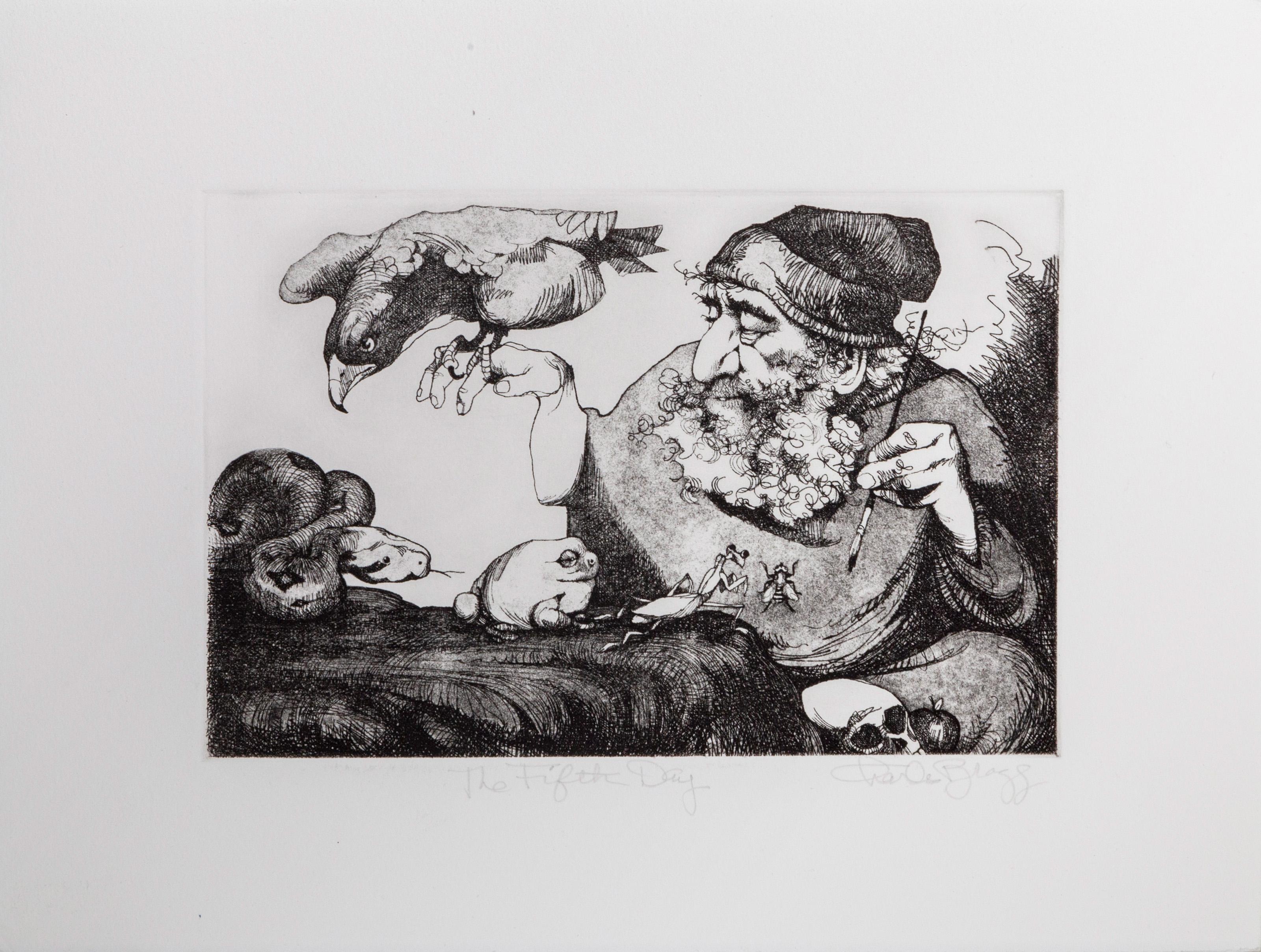 El quinto día, aguafuerte caricaturesco de Charles Bragg