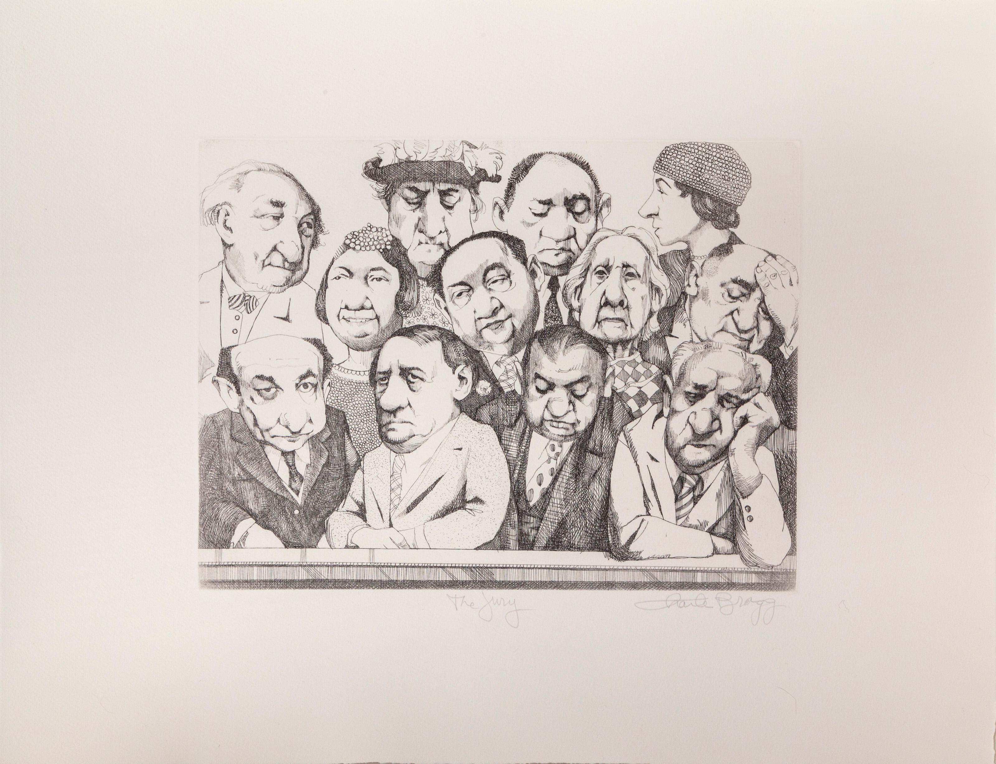 Caricatura incisa dall'artista americano Charles Bragg. Un gruppo di giurati fissa senza meta un'aula di tribunale.

La giuria 2
Charles Bragg, americano (1931-2017)
Data: circa 1970
Acquaforte, firmata, numerata e titolata a matita
Edizione di