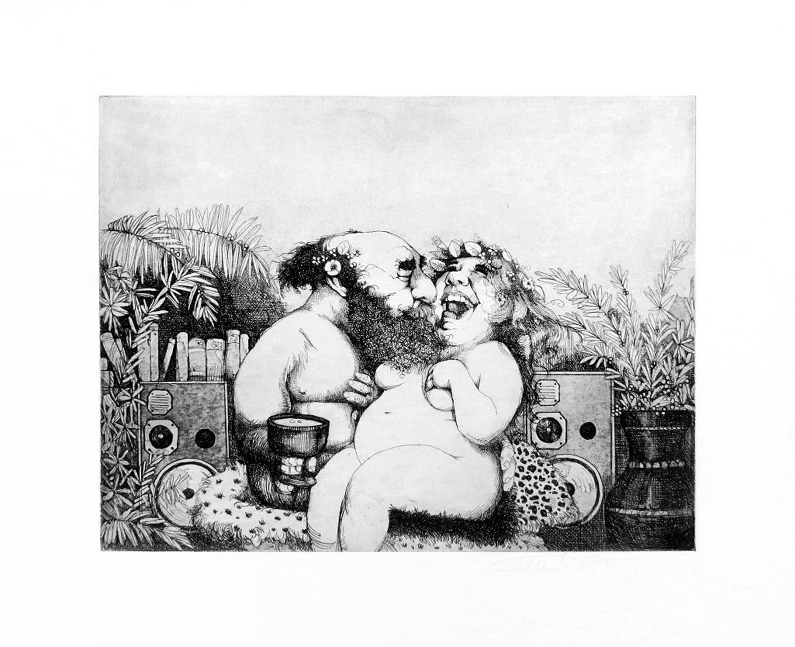 A signed and numbered etching of a nude couple sitting outside and laughing. This black-and-white print is done in Bragg’s signature caricature style.

The Lovers
Charles Bragg, American (1931–2017)
Date: circa 1970s
Etching, signed and numbered in
