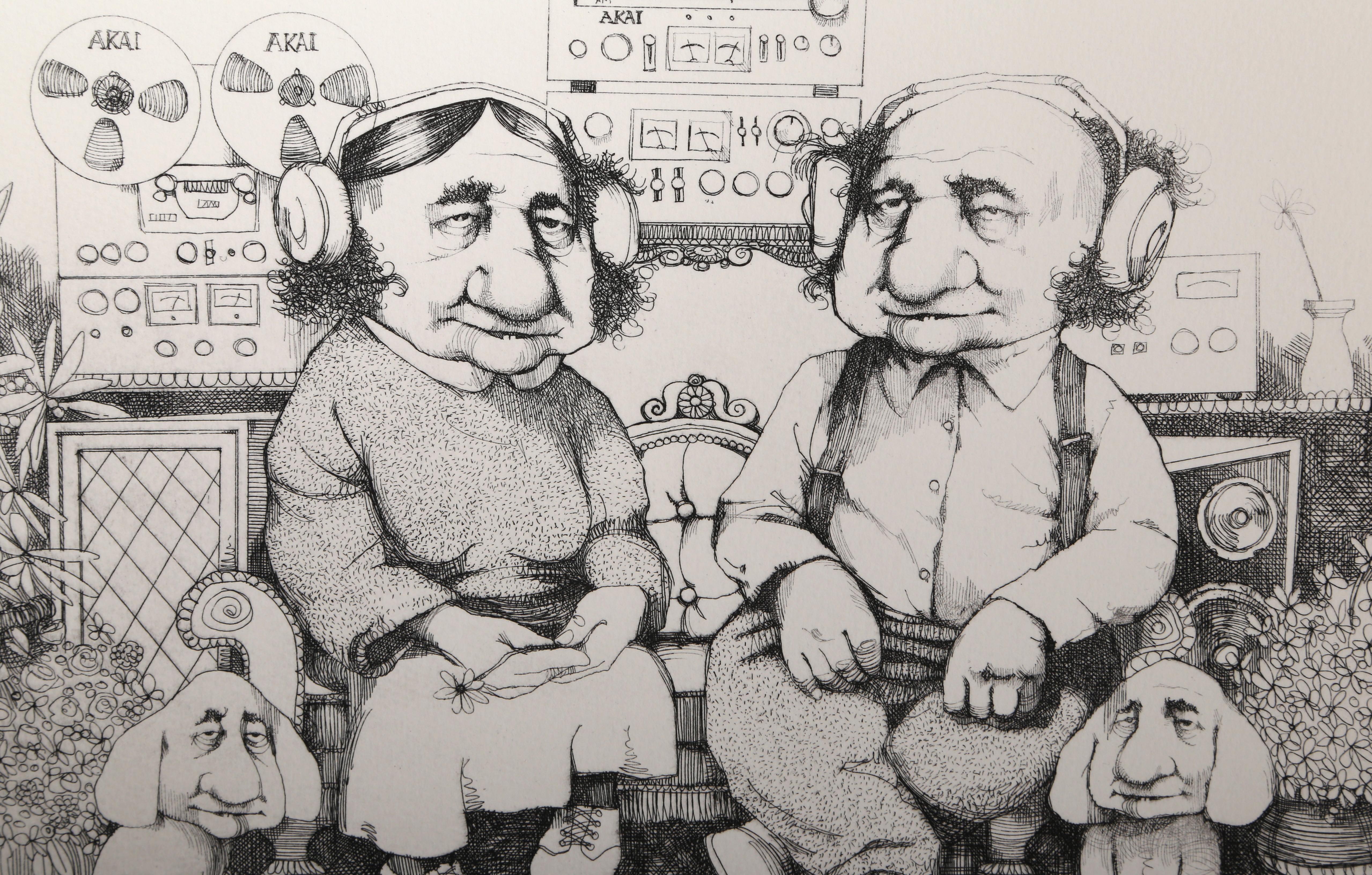 Artist: Charles Bragg, American (1931 - 2017)
Title: The Perfect Couple 2
Medium: Etching, signed, numbered, and titled in pencil 
Edition: 300
Image Size: 9 x 12 inches
Paper Size: 15 x 19.5 in. (38.1 x 49.53 cm)