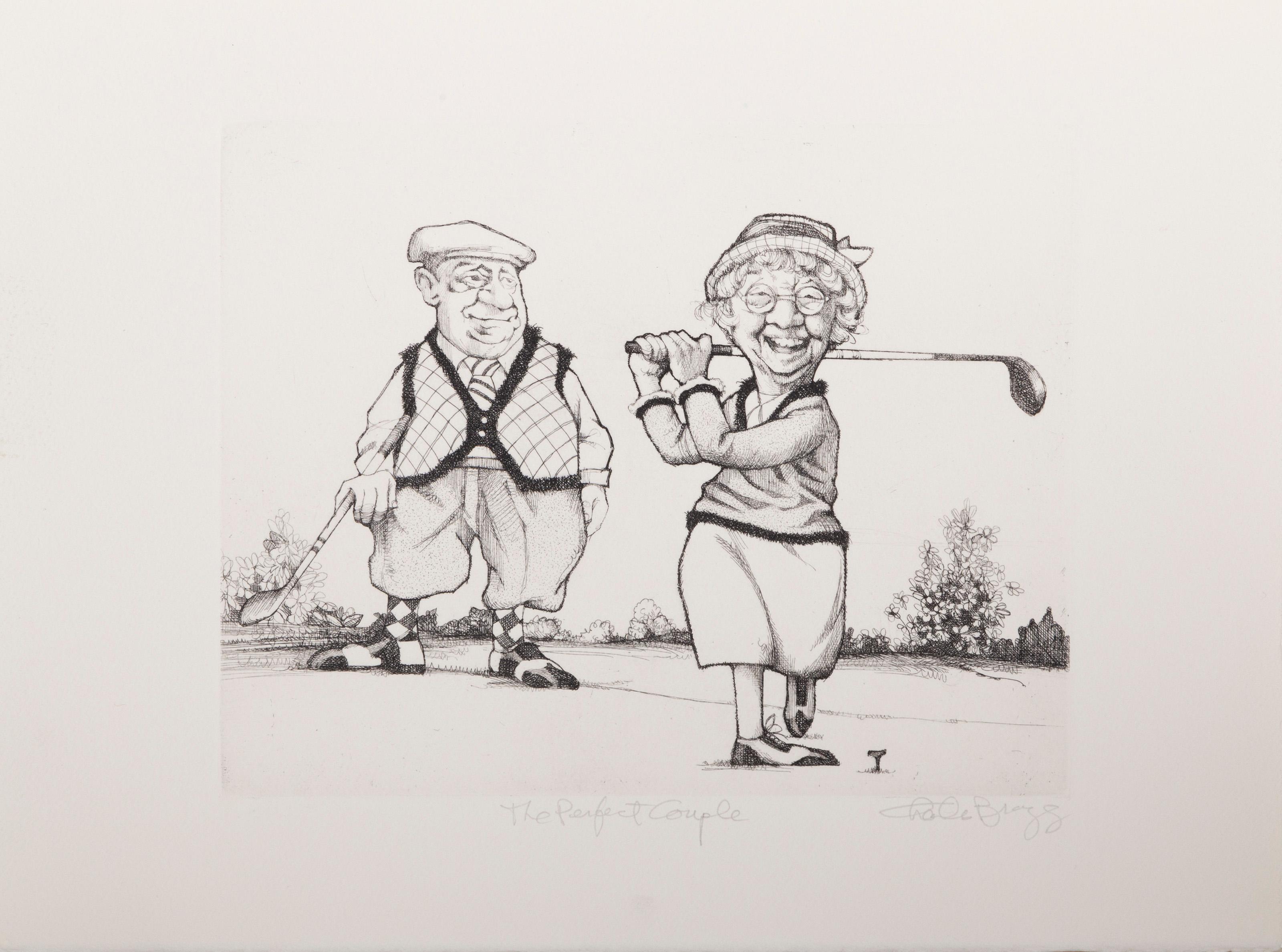 aricature etching by American artist Charles Bragg. An elderly couple is all smiles as they golf together, representing “The Perfect Couple”.

The Perfect Couple
Charles Bragg, American (1931–2017)
Date: circa 1970
Etching, signed, numbered, and