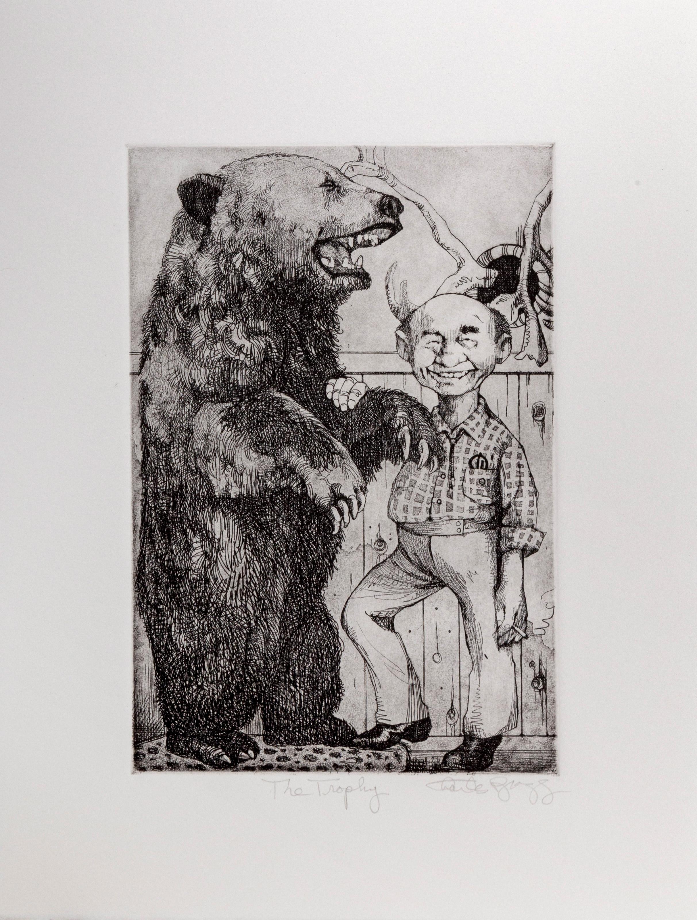 Caricature etching by American artist Charles Bragg. A man poses with a large stuffed bear, his “Trophy”.

The Trophy
Charles Bragg, American (1931–2017)
Date: circa 1970
Etching, signed, numbered, and titled in pencil
Edition of 300
Image Size: 9 x