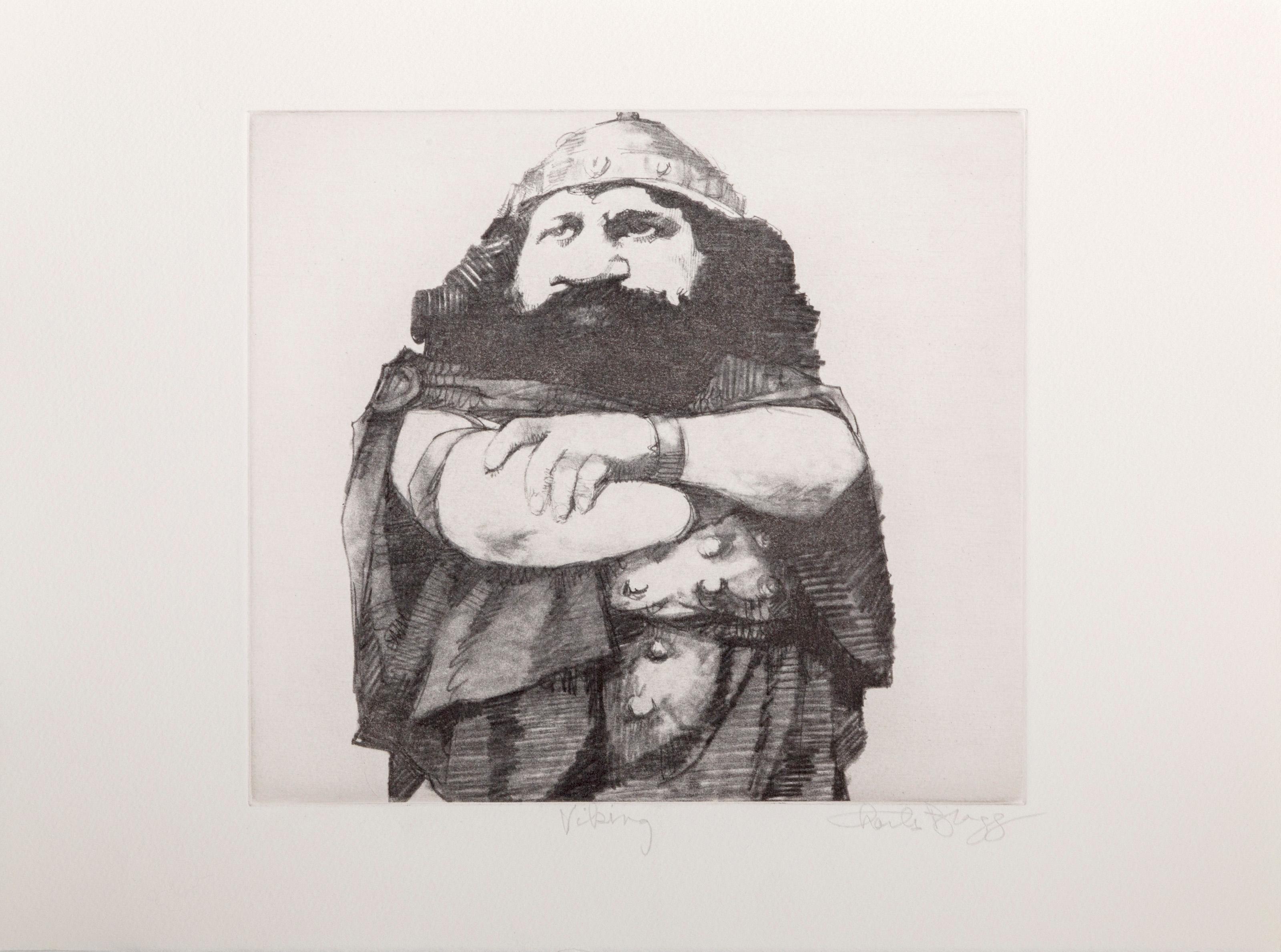 Gravure caricaturale de l'artiste américain Charles Bragg. Un viking pose en regardant au loin.

Viking
Charles Bragg, Américain (1931-2017)
Date : circa 1970
Gravure, signée, numérotée et titrée au crayon
Edition de 300
Taille de l'image : 8 x 9