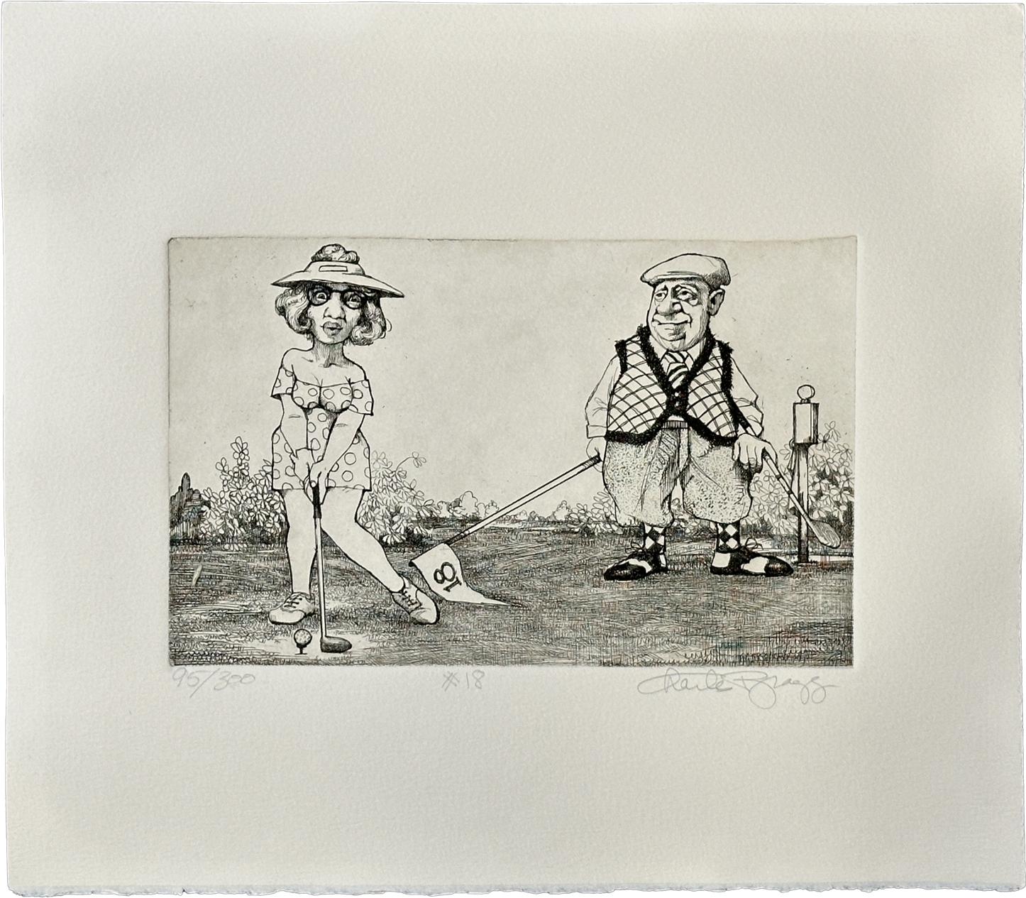 Charles Bragg Figurative Print - Women in Golf #18 Signed Limited Edition Etching 1988 